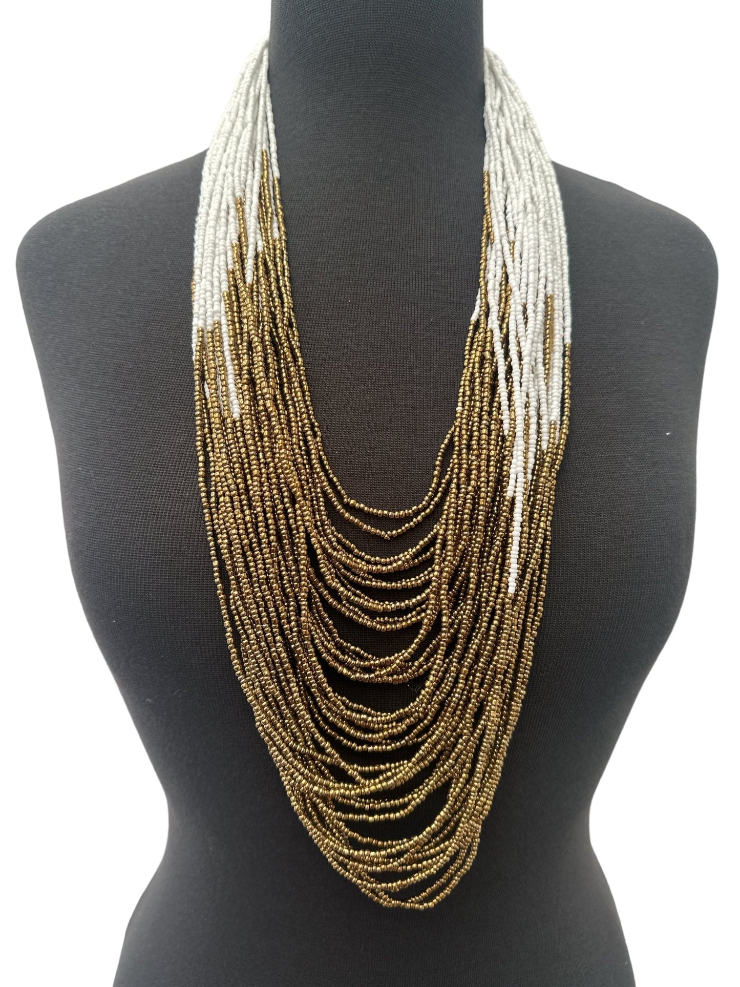 Authentic African White Gold Multilayered Beaded Long Necklaces - Fatisha Boutique