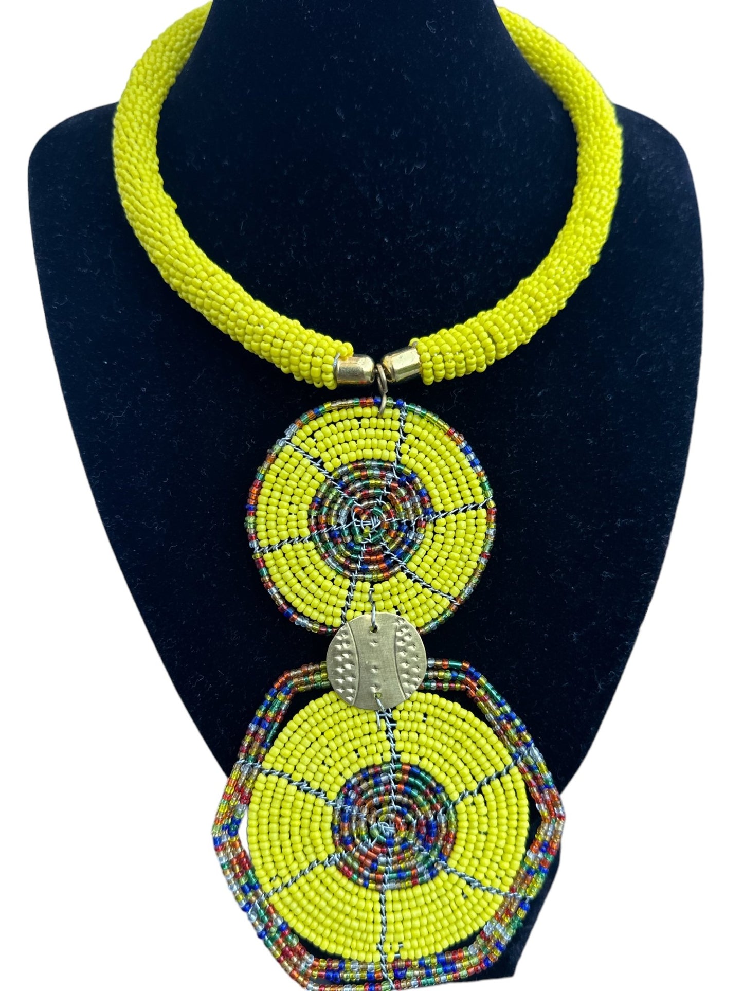 Authentic African Yellow Beaded Disc Pendant Necklace - Fatisha Boutique