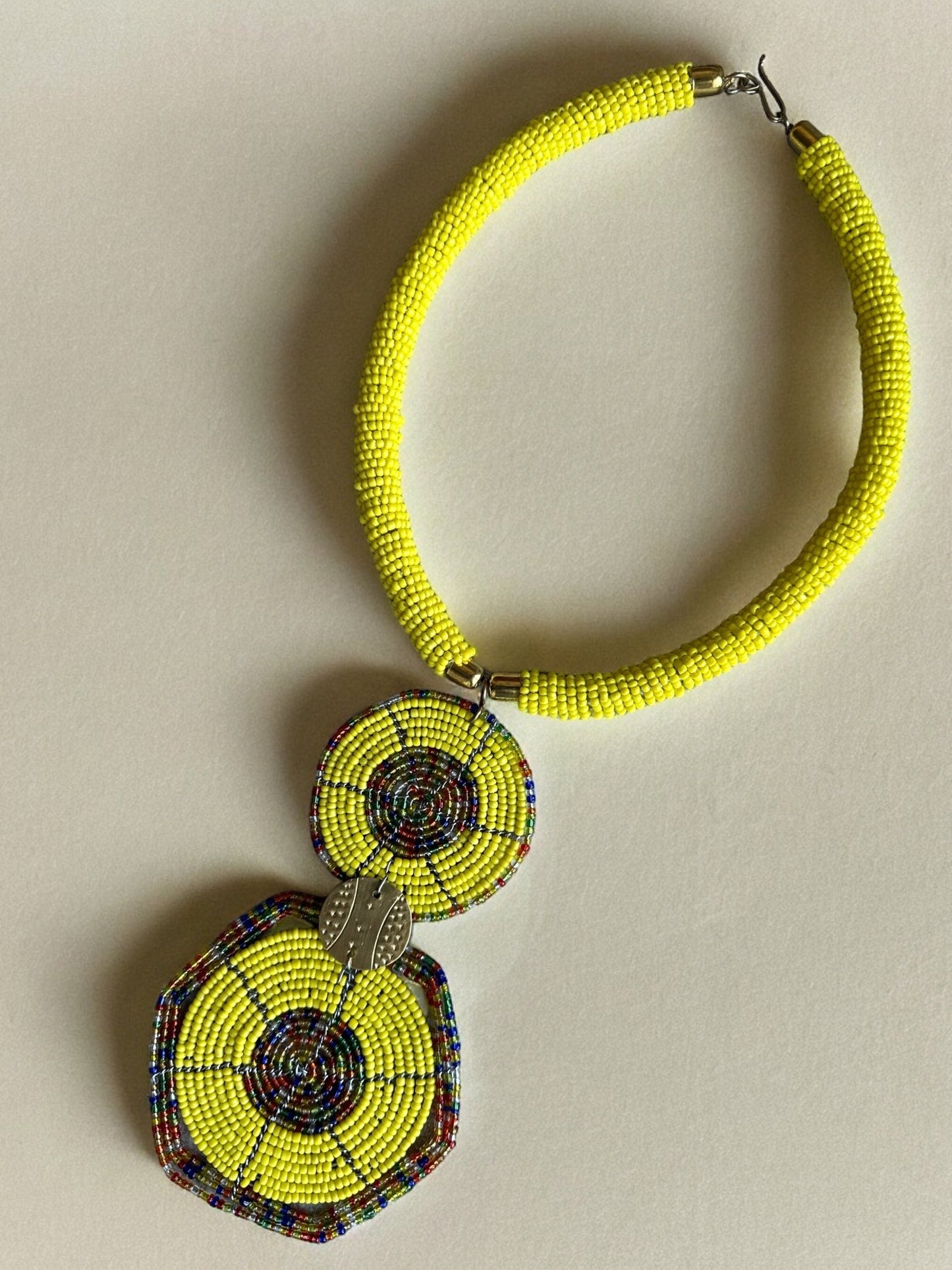 Authentic African Yellow Beaded Disc Pendant Necklace - Fatisha Boutique