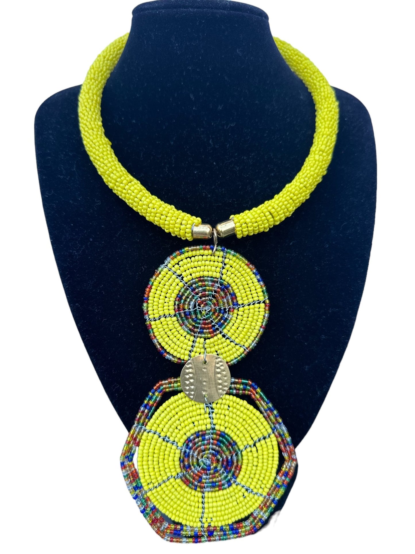 Authentic African Yellow Beaded Disc Pendant Necklace - Fatisha Boutique
