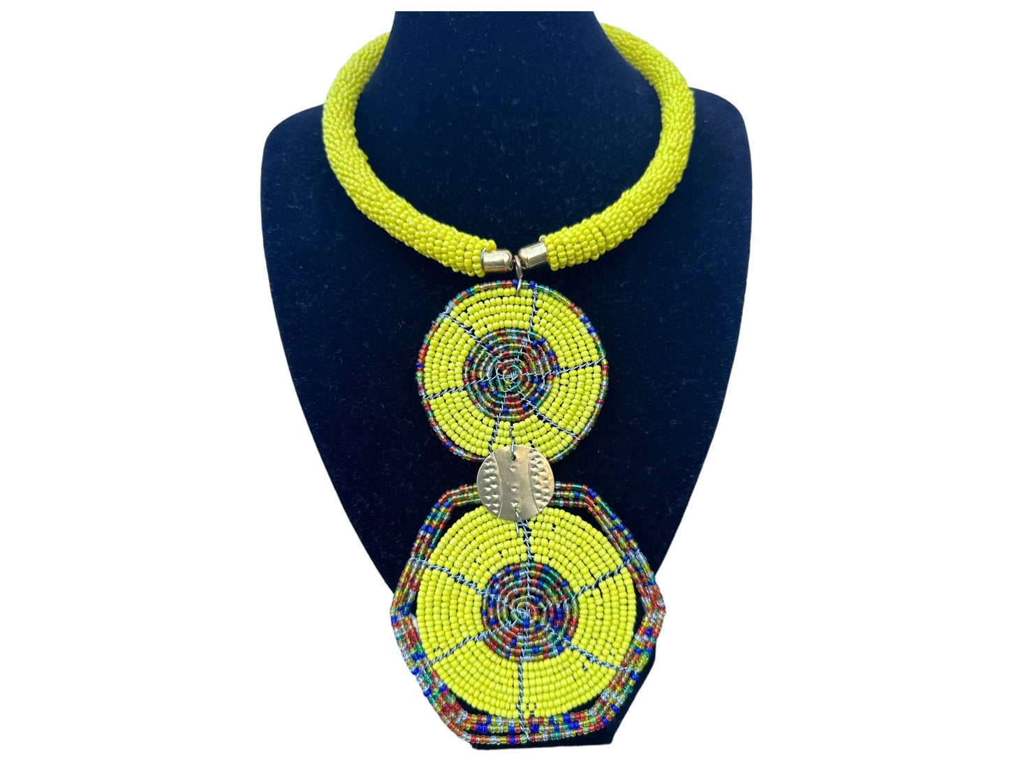 Authentic African Yellow Beaded Disc Pendant Necklace - Fatisha Boutique