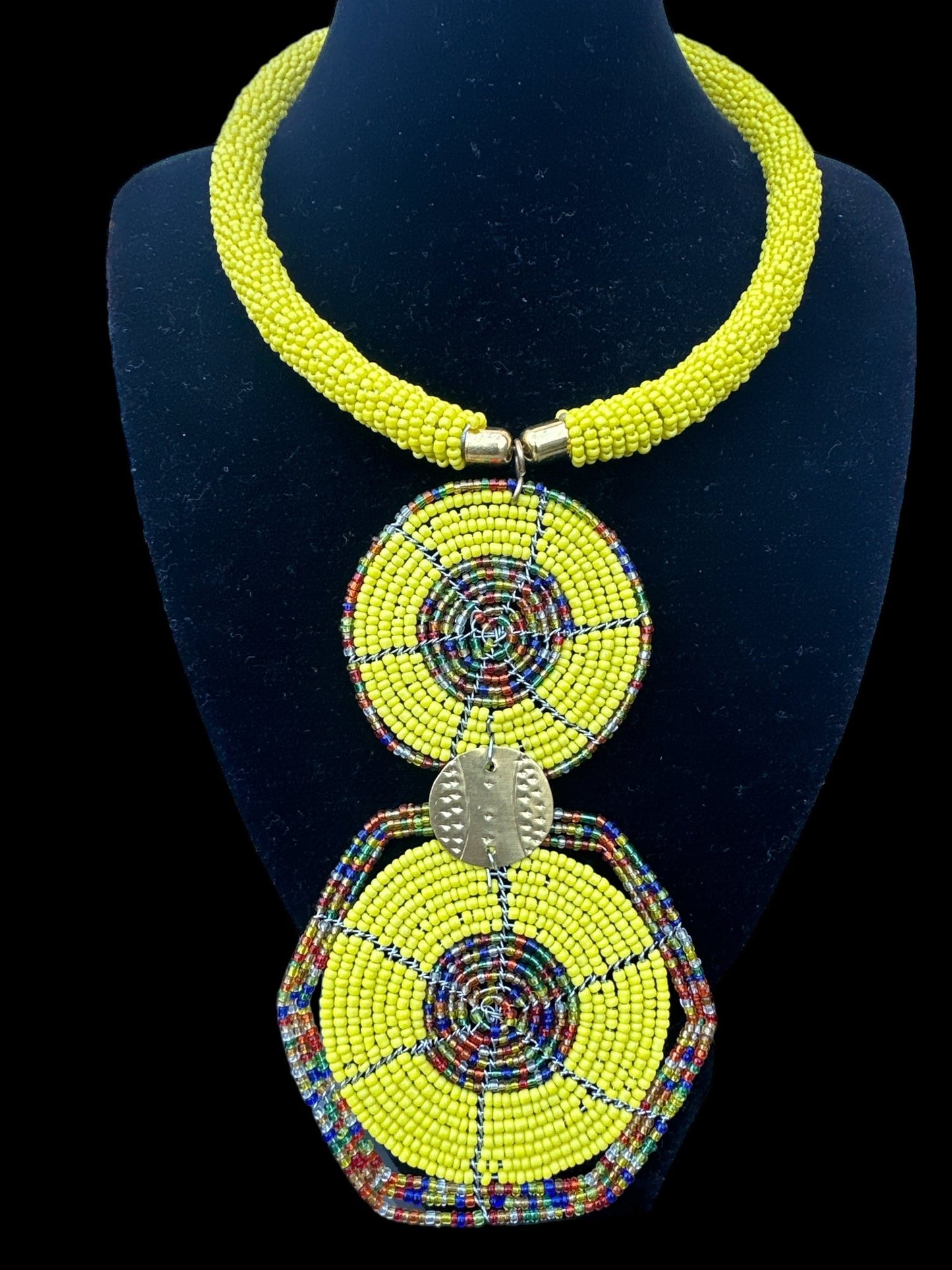 Authentic African Yellow Beaded Disc Pendant Necklace - Fatisha Boutique