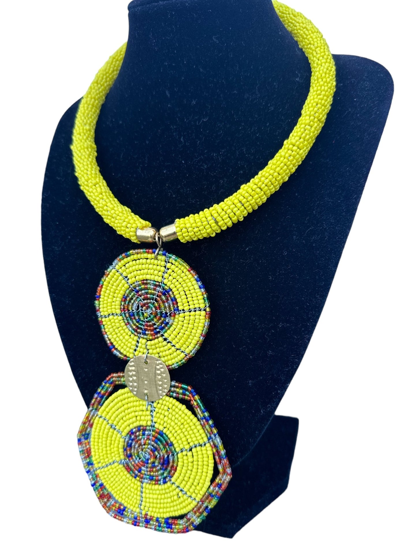 Authentic African Yellow Beaded Disc Pendant Necklace - Fatisha Boutique