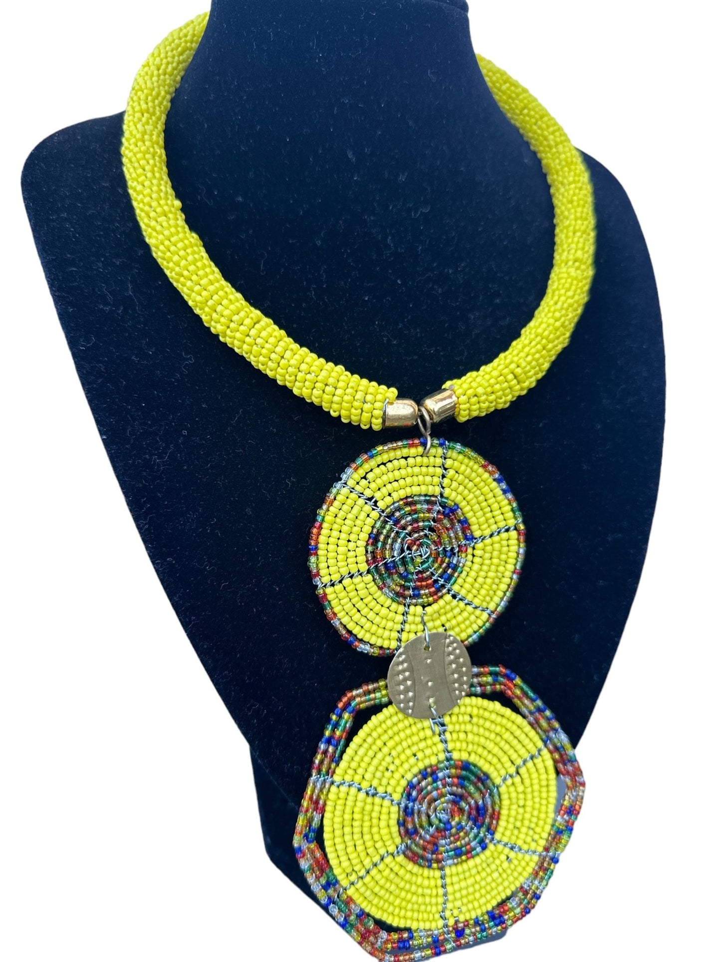 Authentic African Yellow Beaded Disc Pendant Necklace - Fatisha Boutique