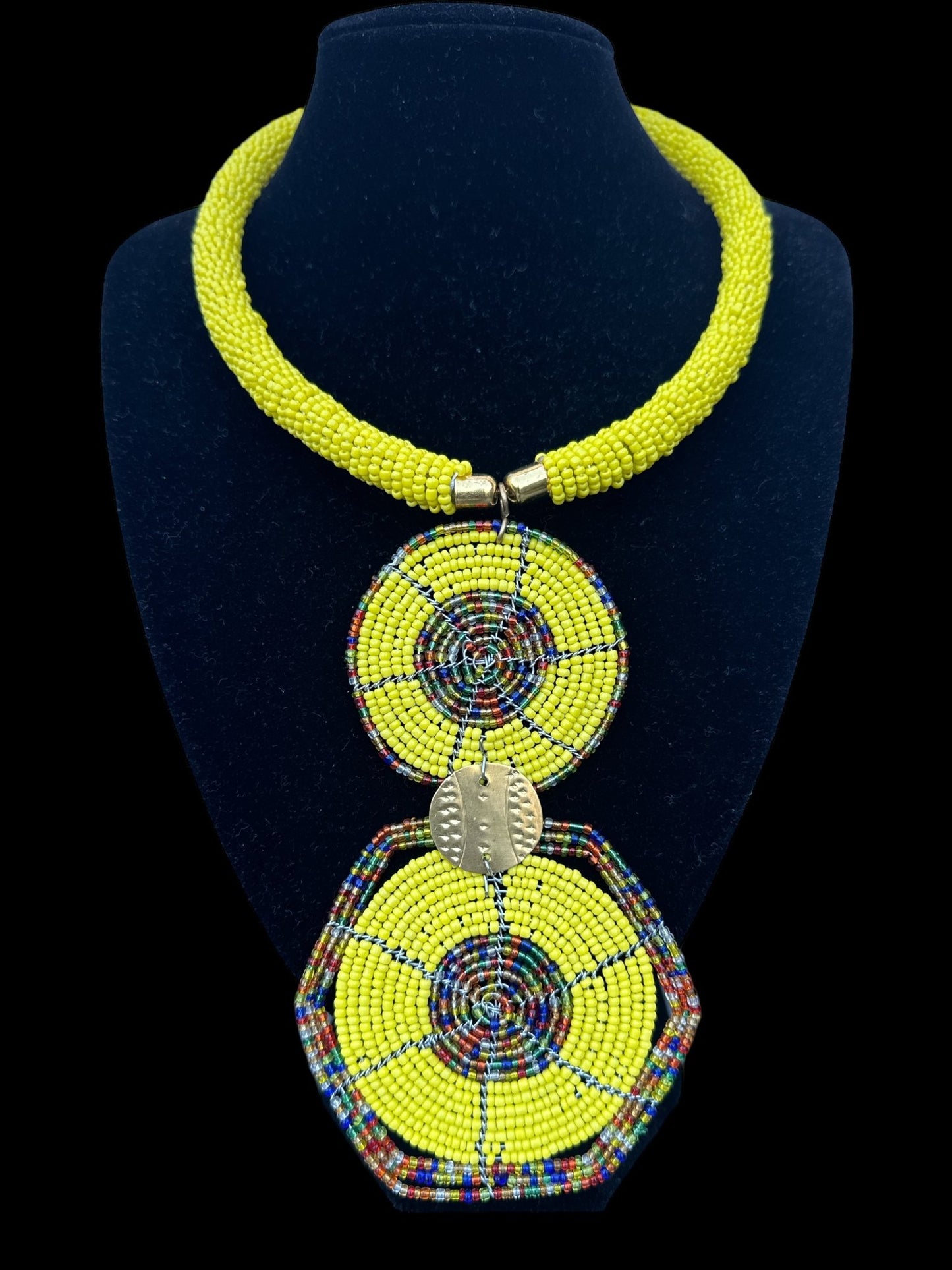 Authentic African Yellow Beaded Disc Pendant Necklace - Fatisha Boutique