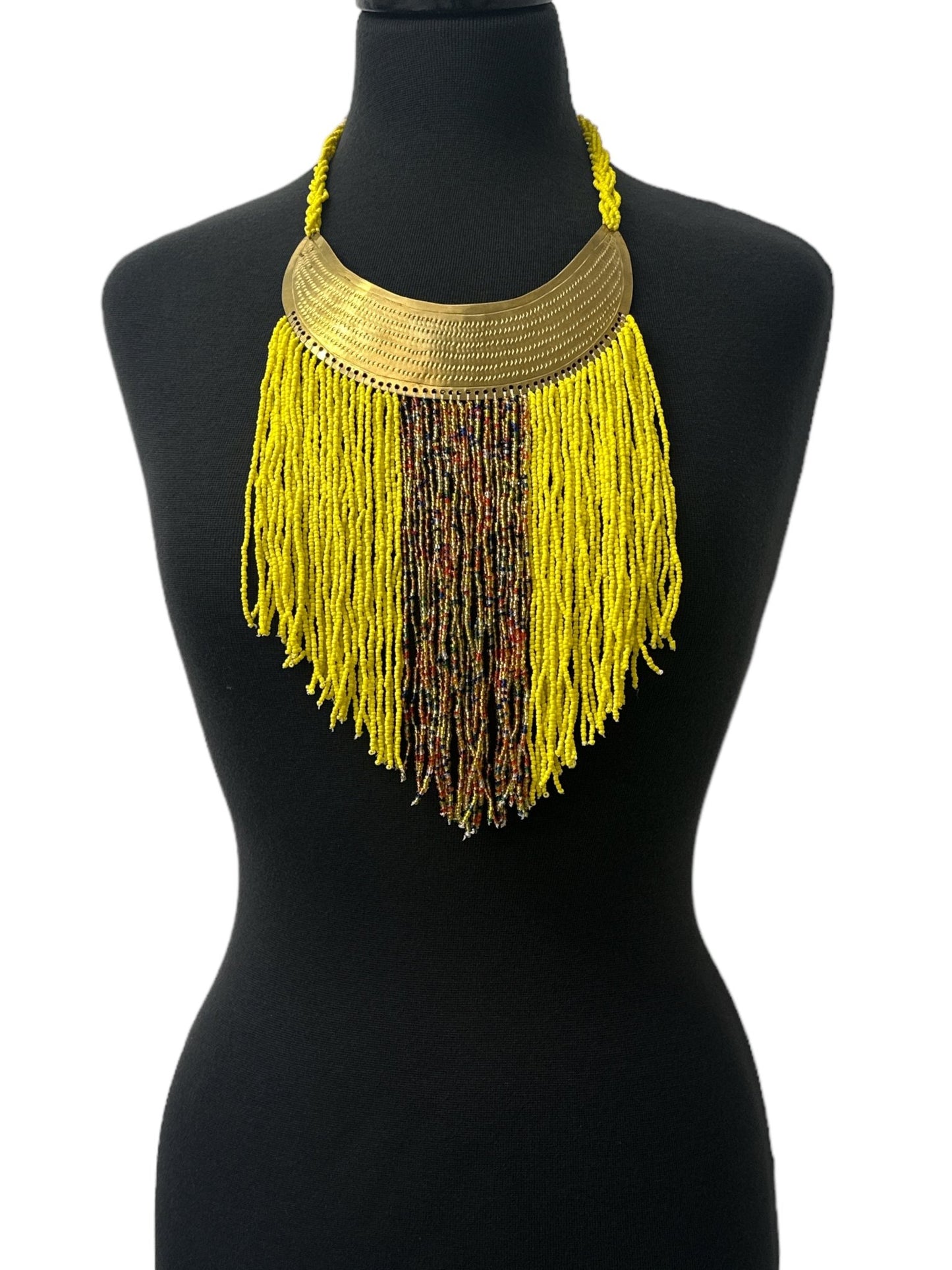 Authentic African Yellow Beaded Ethnic Tassels Fringe Brass Pendant Necklace - Fatisha Boutique