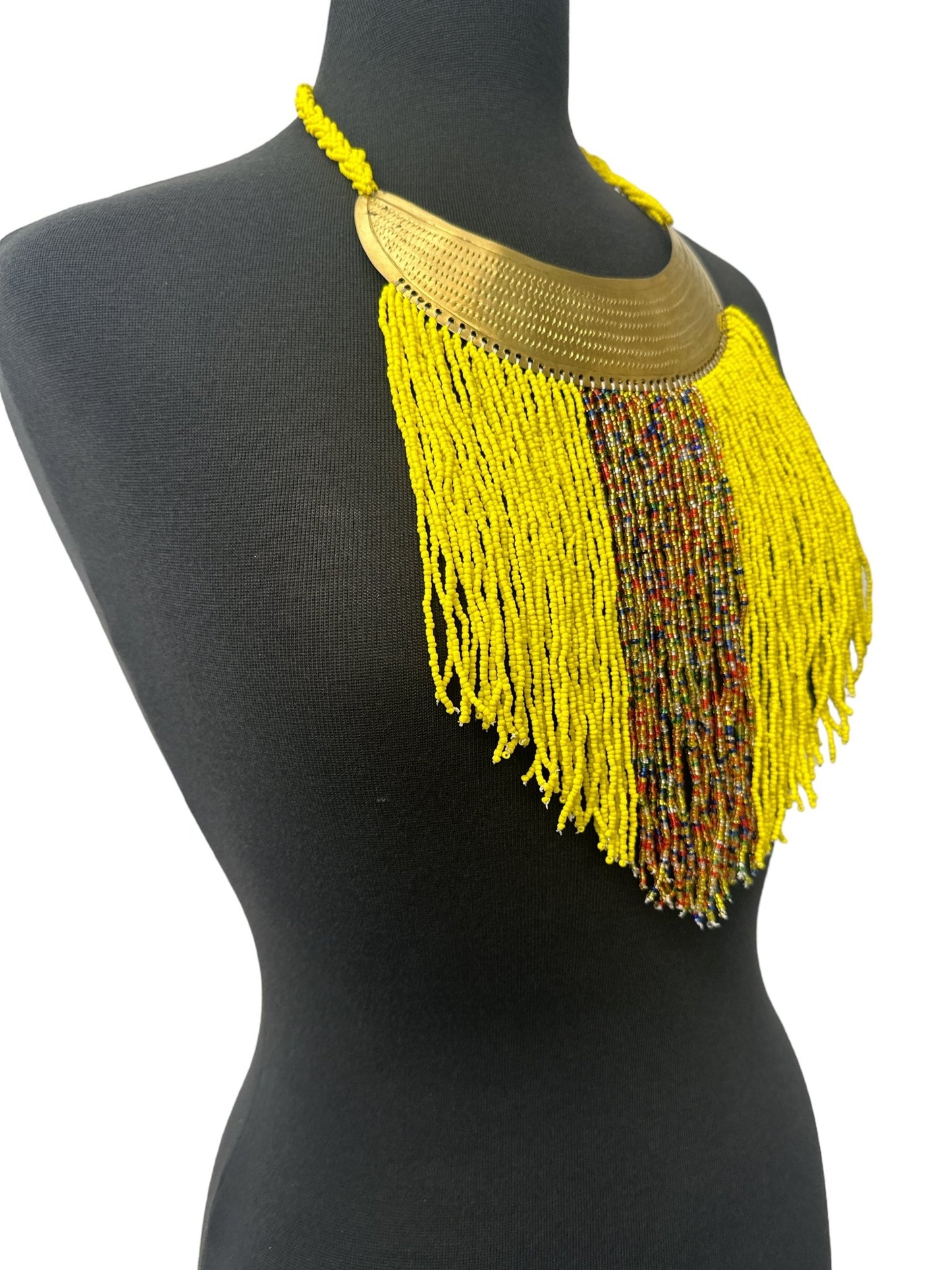 Authentic African Yellow Beaded Ethnic Tassels Fringe Brass Pendant Necklace - Fatisha Boutique
