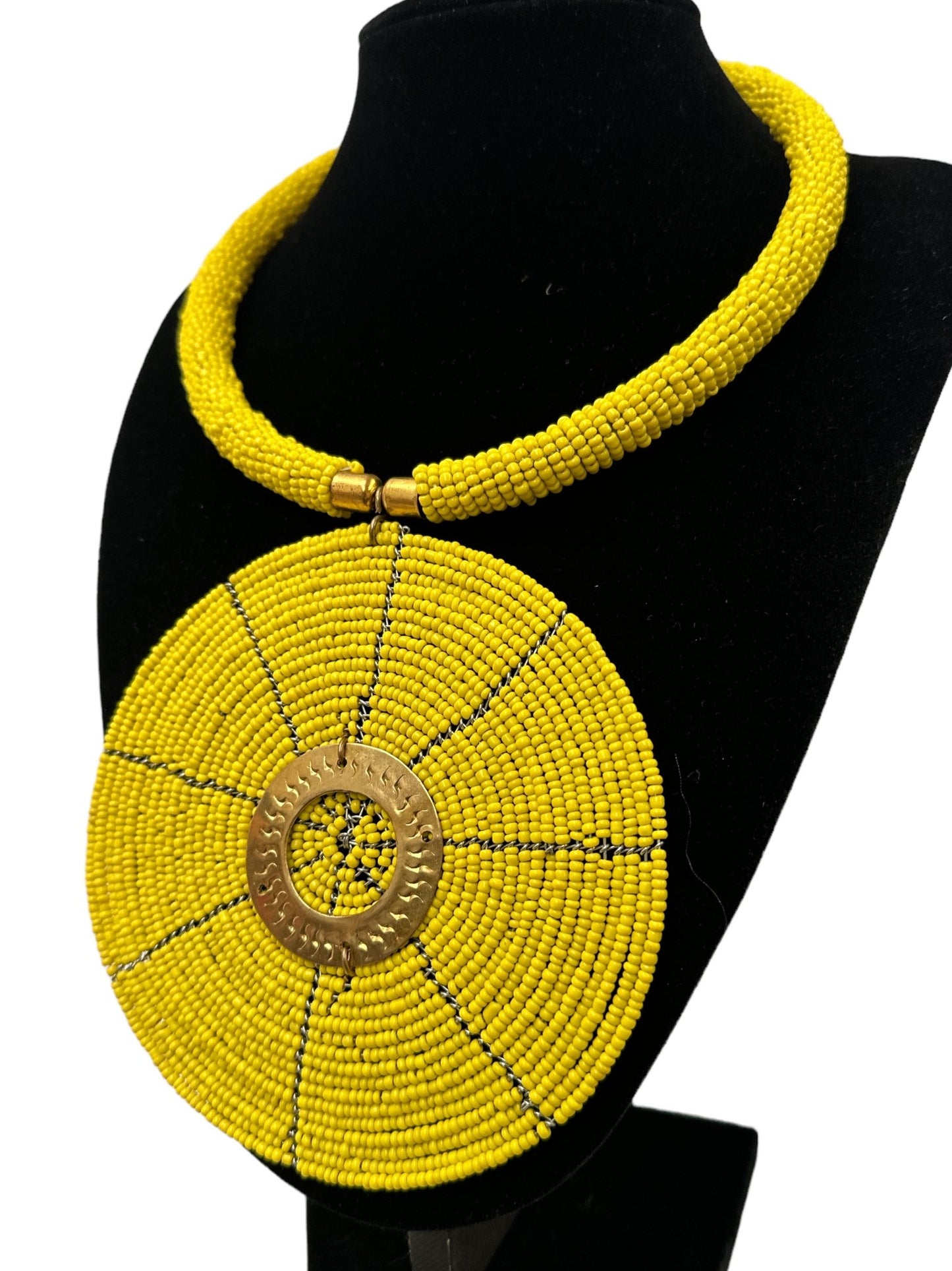 Authentic African Yellow Beaded Large Disc Pendant Necklace - Fatisha Boutique