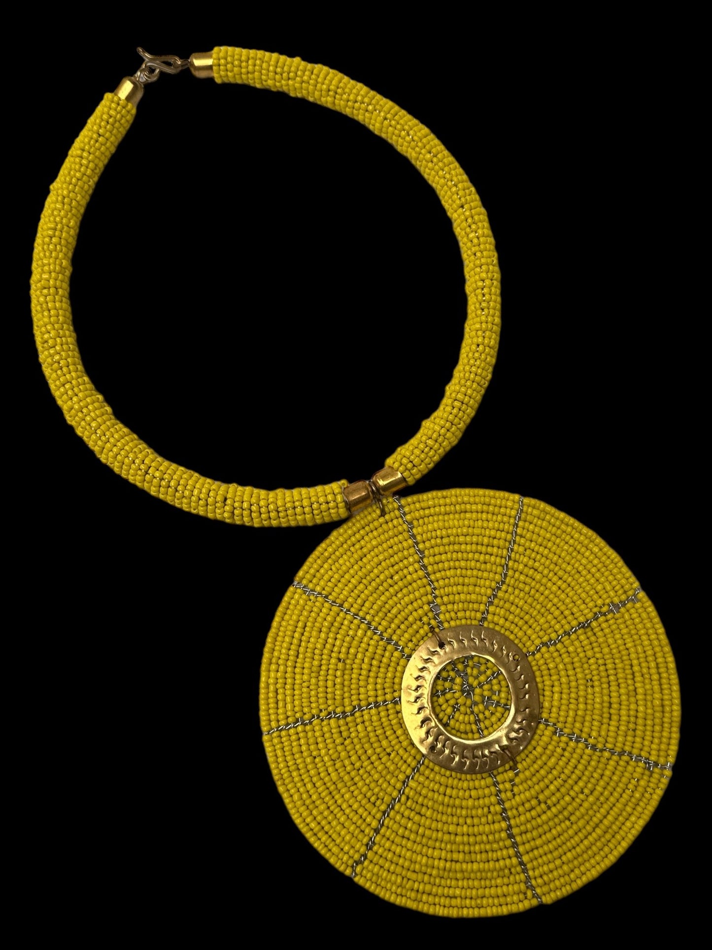 Authentic African Yellow Beaded Large Disc Pendant Necklace - Fatisha Boutique