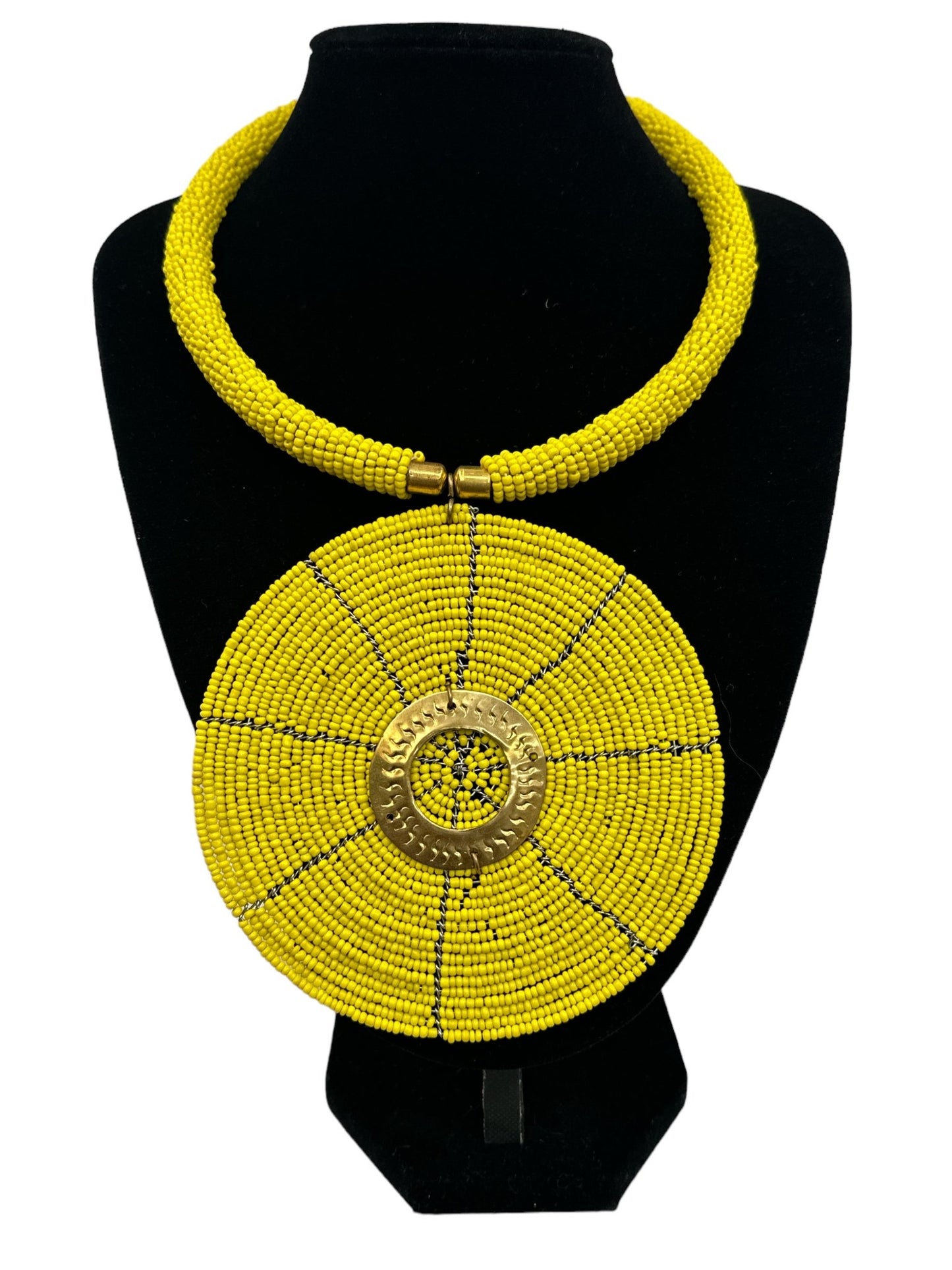Authentic African Yellow Beaded Large Disc Pendant Necklace - Fatisha Boutique