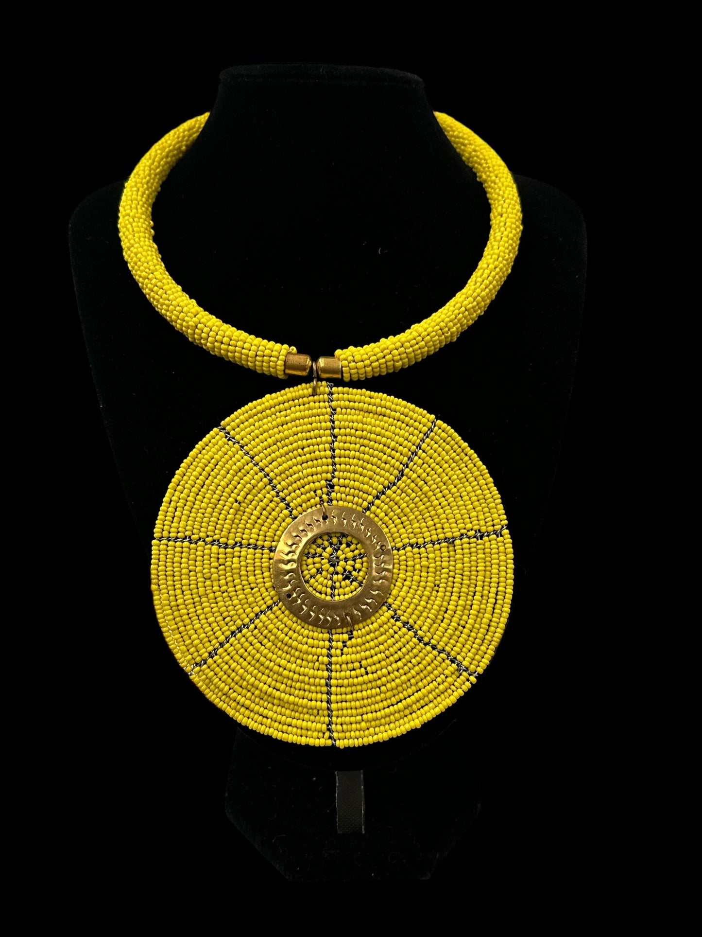 Authentic African Yellow Beaded Large Disc Pendant Necklace - Fatisha Boutique