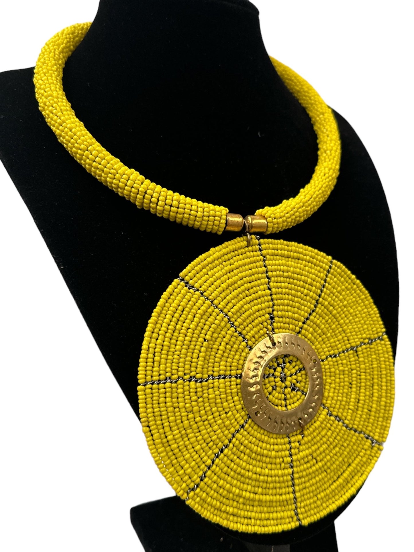 Authentic African Yellow Beaded Large Disc Pendant Necklace - Fatisha Boutique