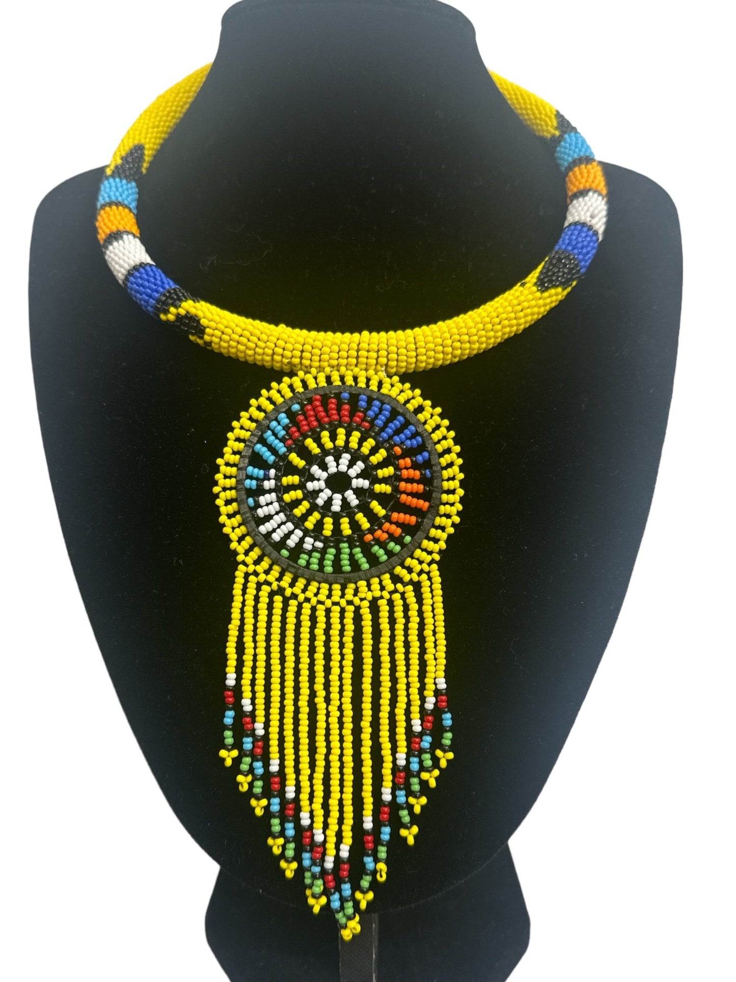 Authentic African Yellow Beaded Tassel Ethnic Pendant Necklace - Fatisha Boutique