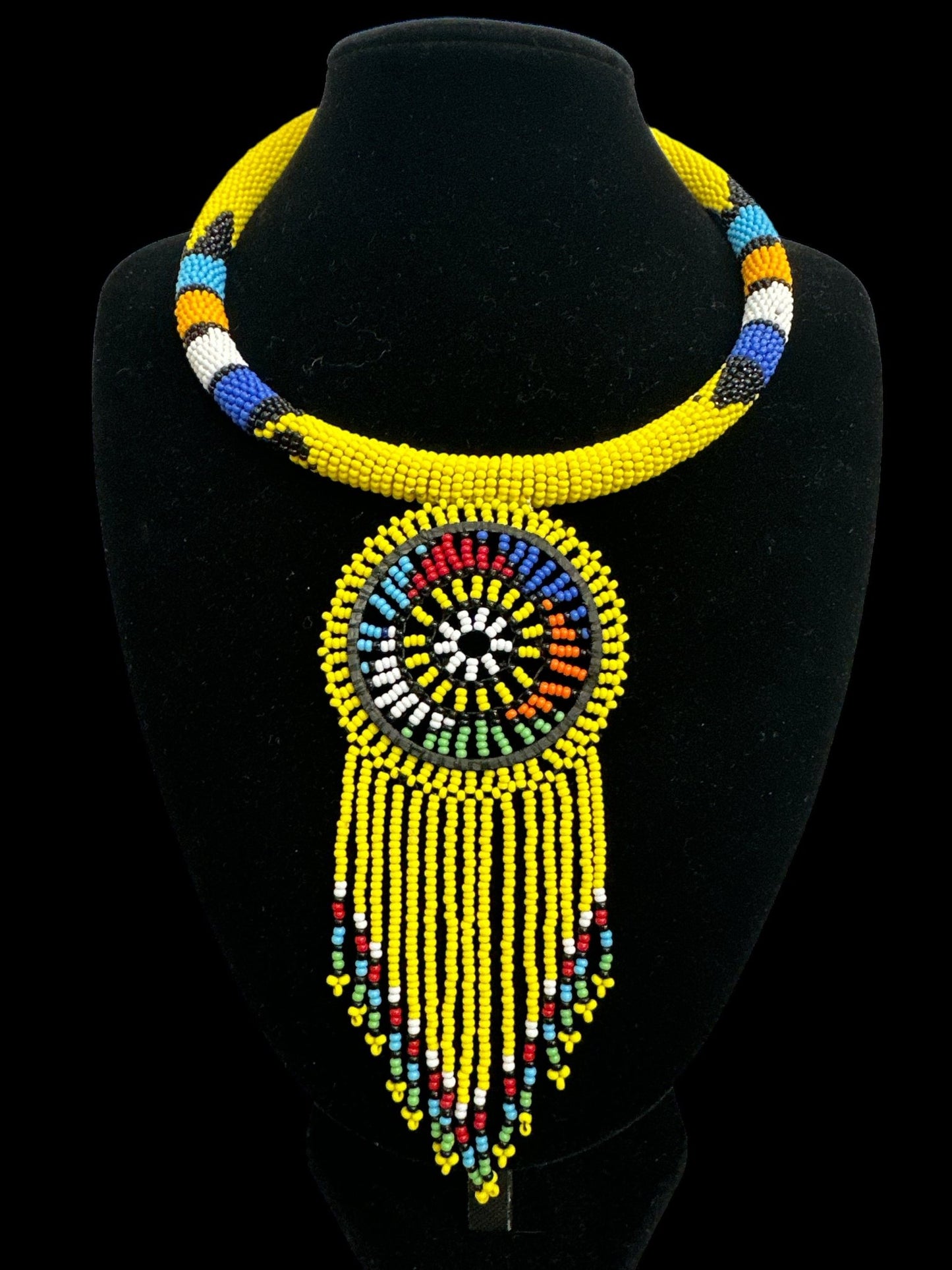 Authentic African Yellow Beaded Tassel Ethnic Pendant Necklace - Fatisha Boutique