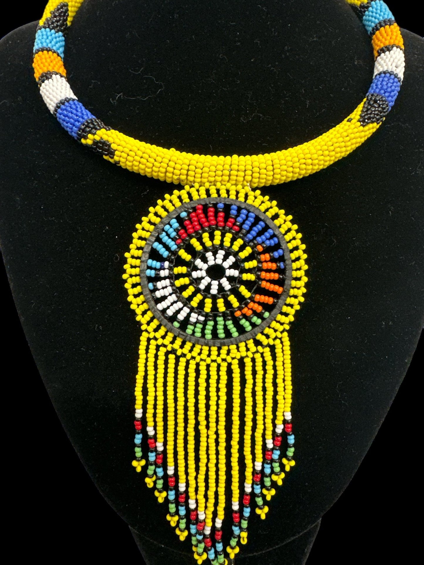 Authentic African Yellow Beaded Tassel Ethnic Pendant Necklace - Fatisha Boutique