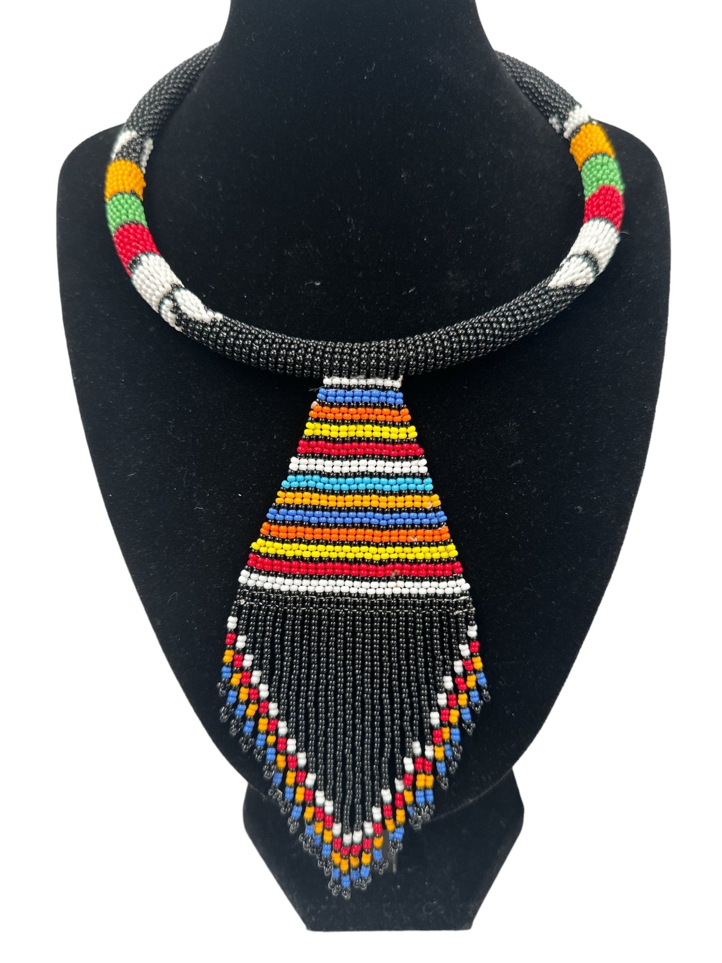 Authentic African Zulu Inspired Black Beaded Pendant Tassel Necklace - Fatisha Boutique