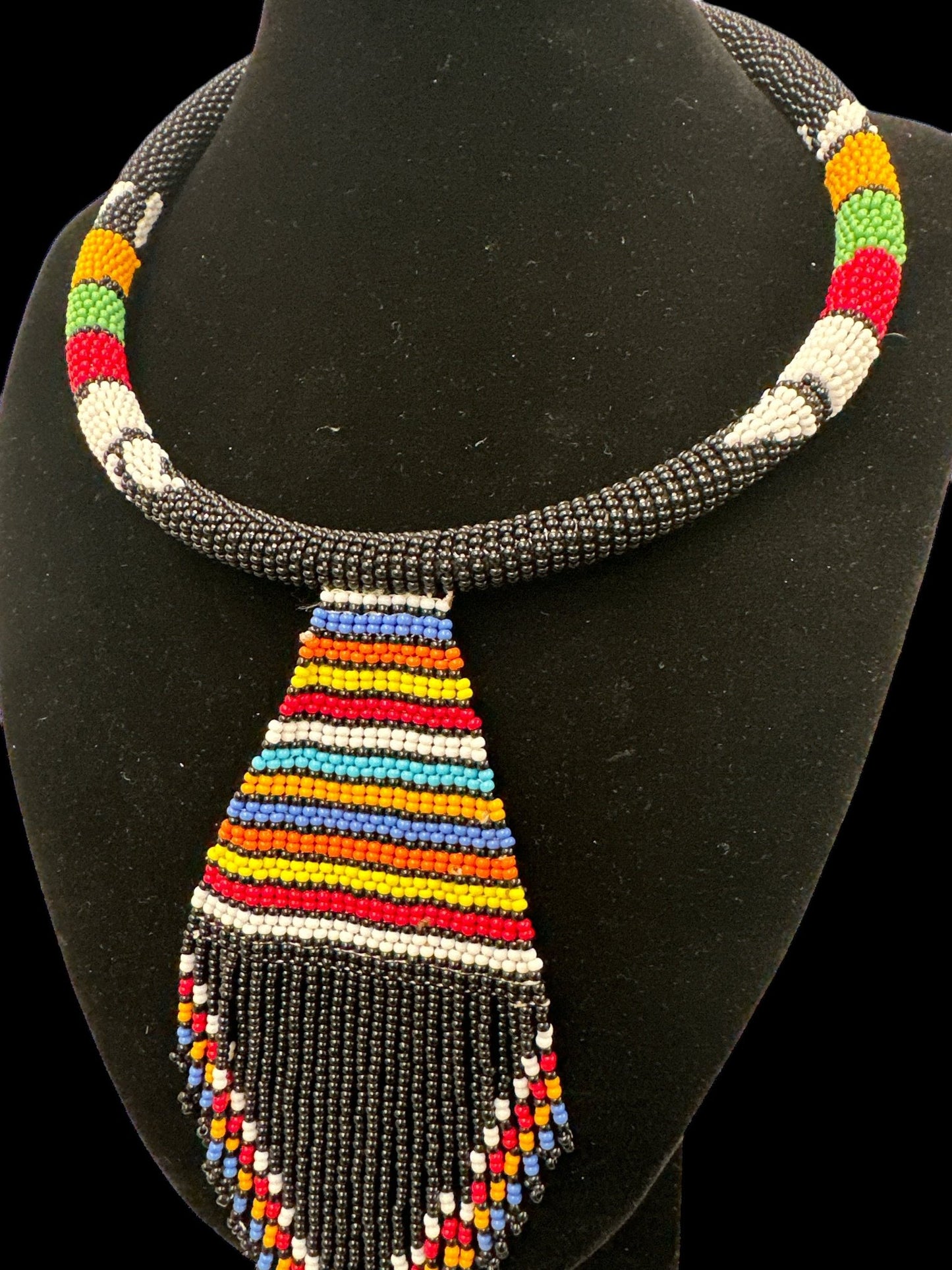 Authentic African Zulu Inspired Black Beaded Pendant Tassel Necklace - Fatisha Boutique