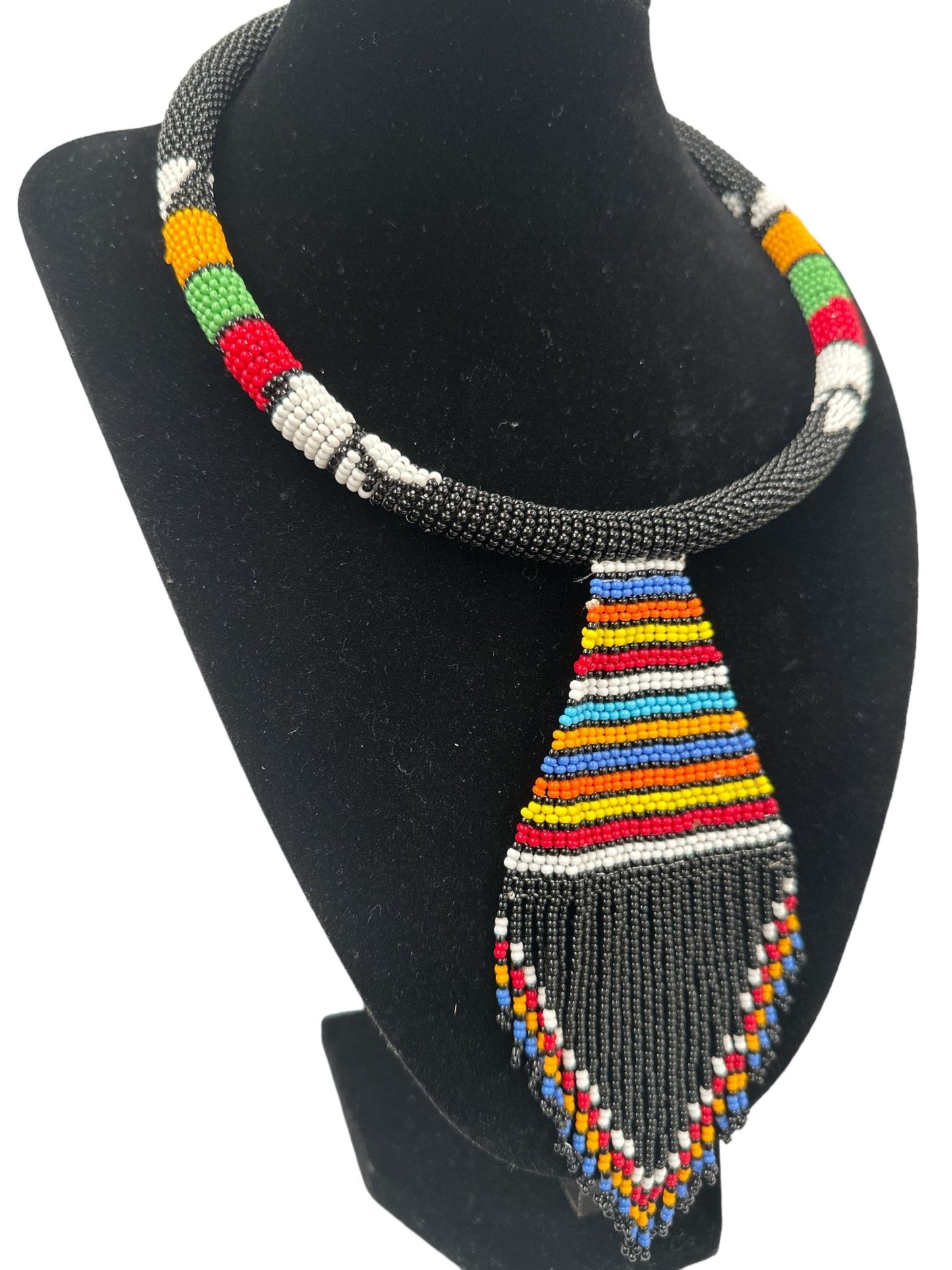 Authentic African Zulu Inspired Black Beaded Pendant Tassel Necklace - Fatisha Boutique