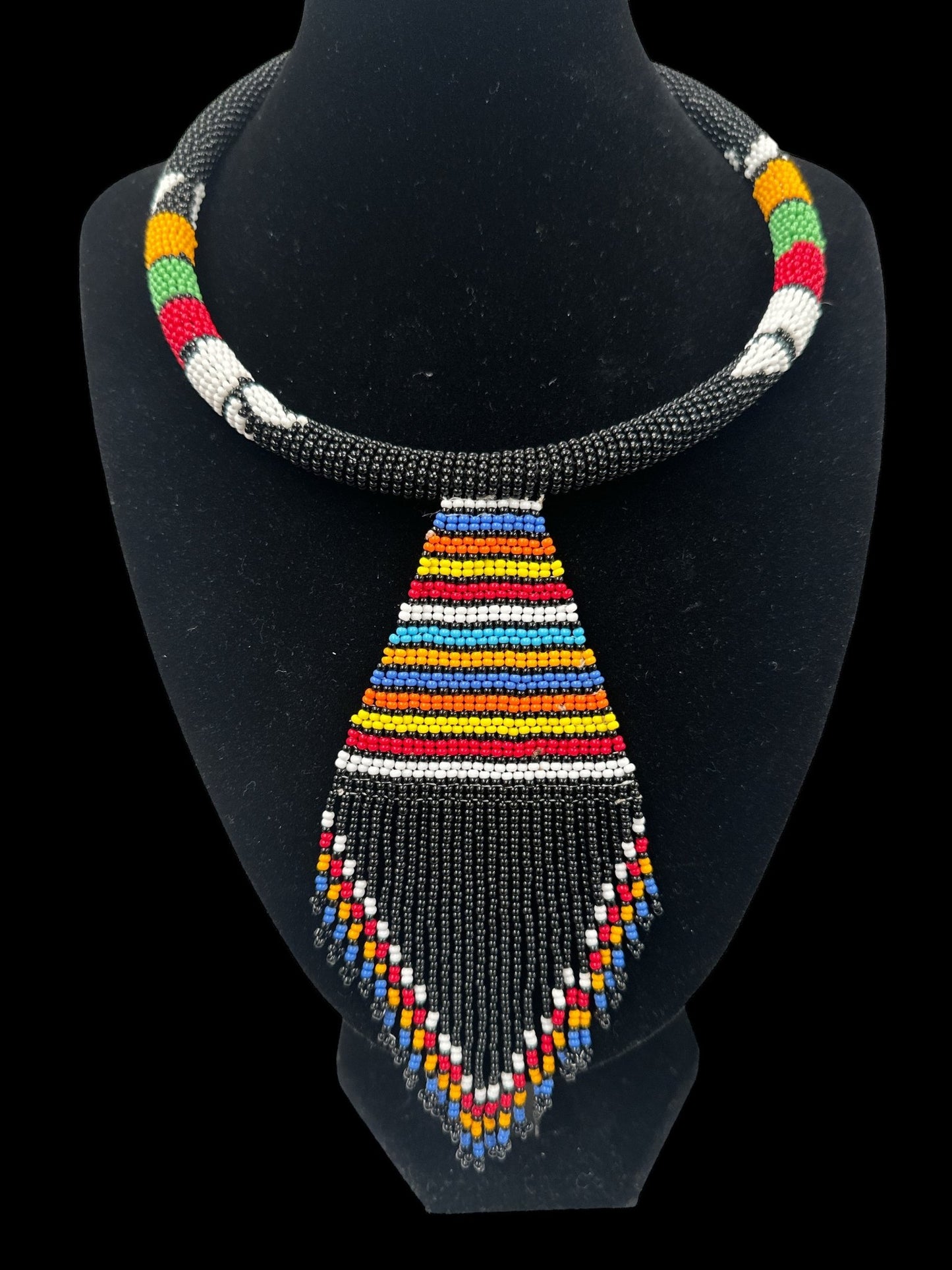 Authentic African Zulu Inspired Black Beaded Pendant Tassel Necklace - Fatisha Boutique