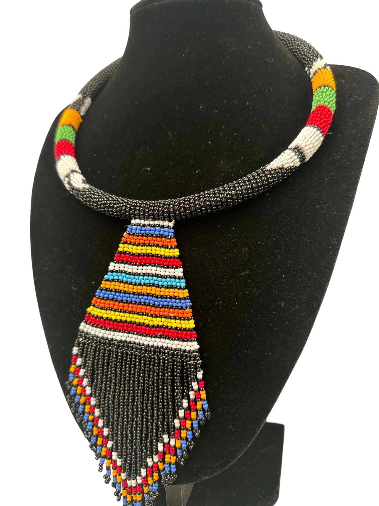 Authentic African Zulu Inspired Black Beaded Pendant Tassel Necklace - Fatisha Boutique