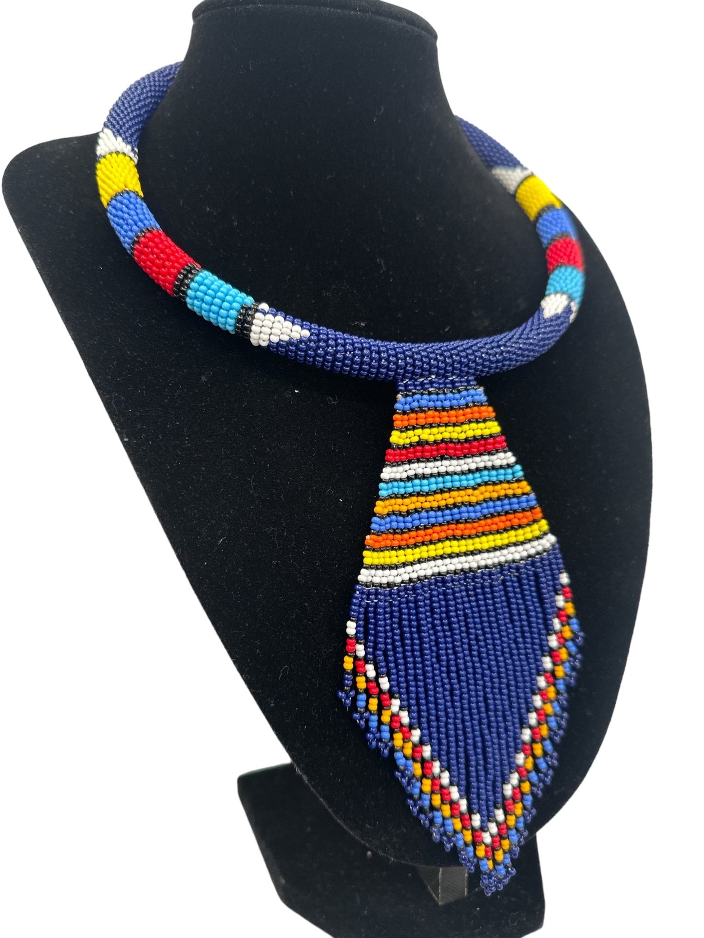 Authentic African Zulu Inspired Blue Beaded Pendant Tassel Necklace - Fatisha Boutique