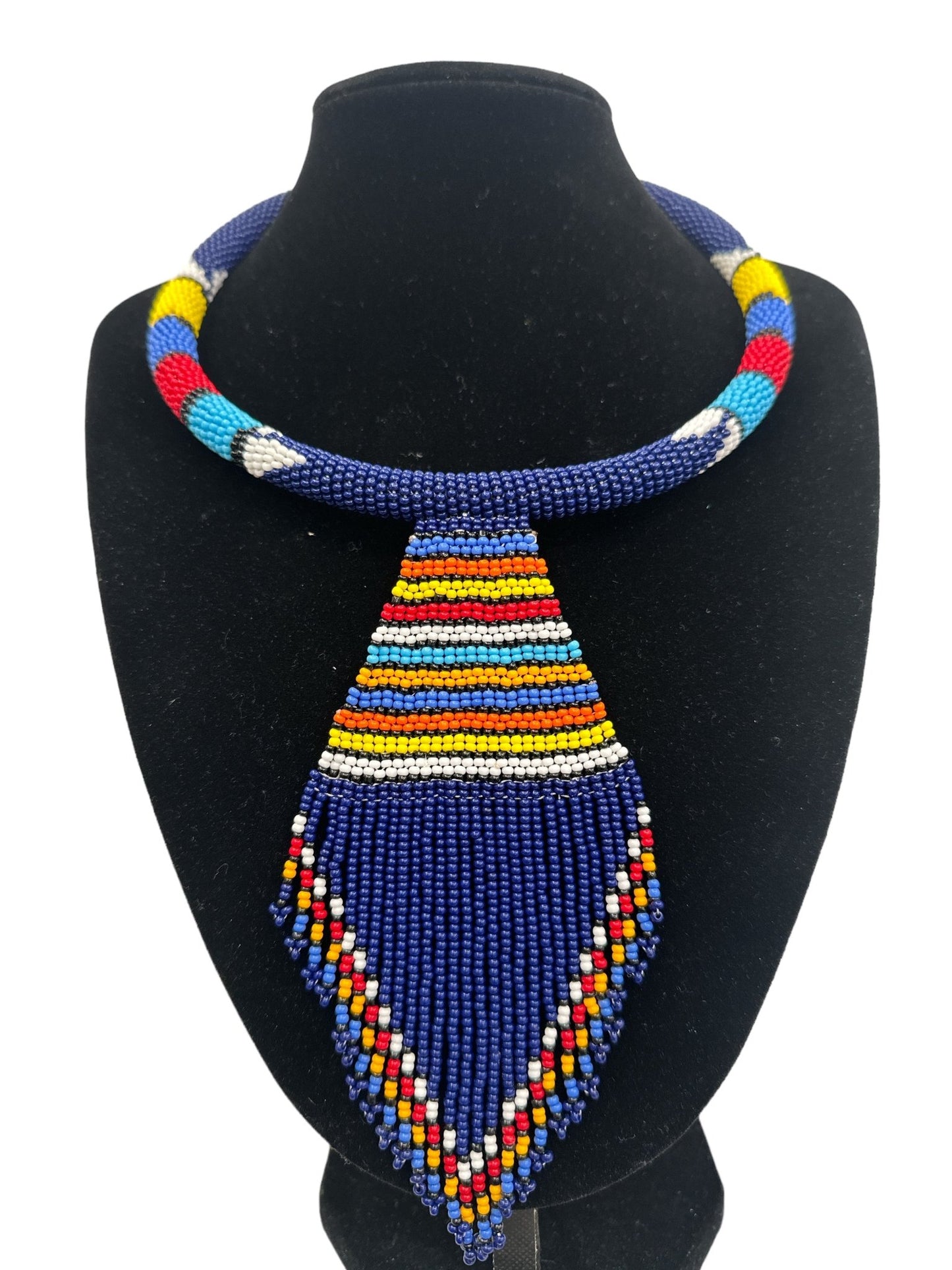 Authentic African Zulu Inspired Blue Beaded Pendant Tassel Necklace - Fatisha Boutique