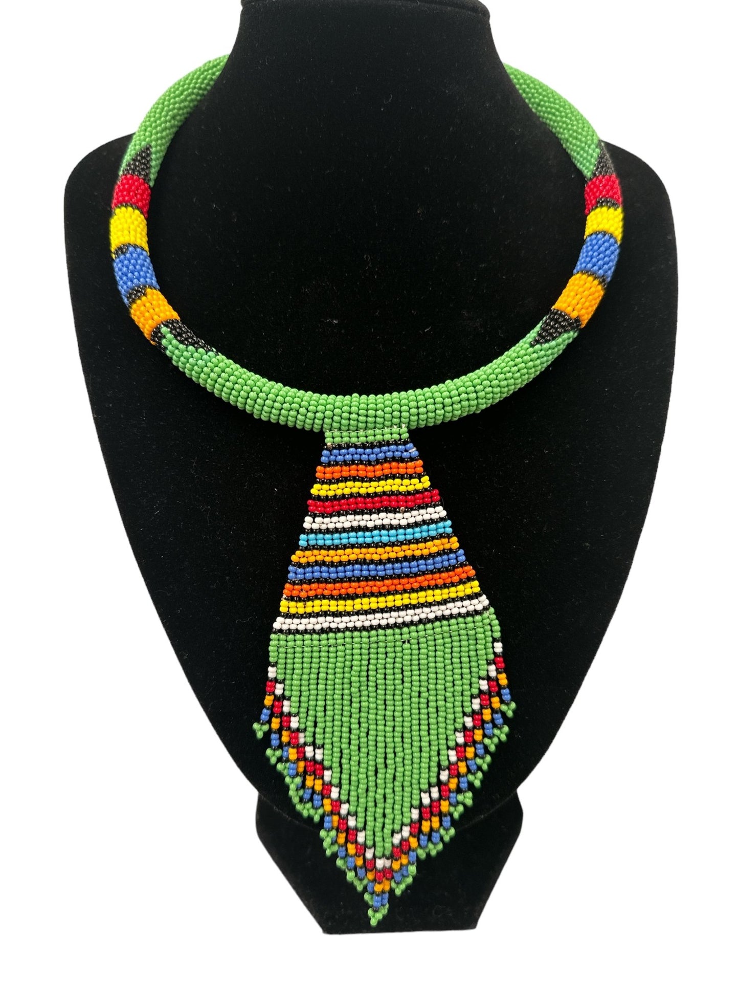 Authentic African Zulu Inspired Green Beaded Pendant Tassel Necklace - Fatisha Boutique