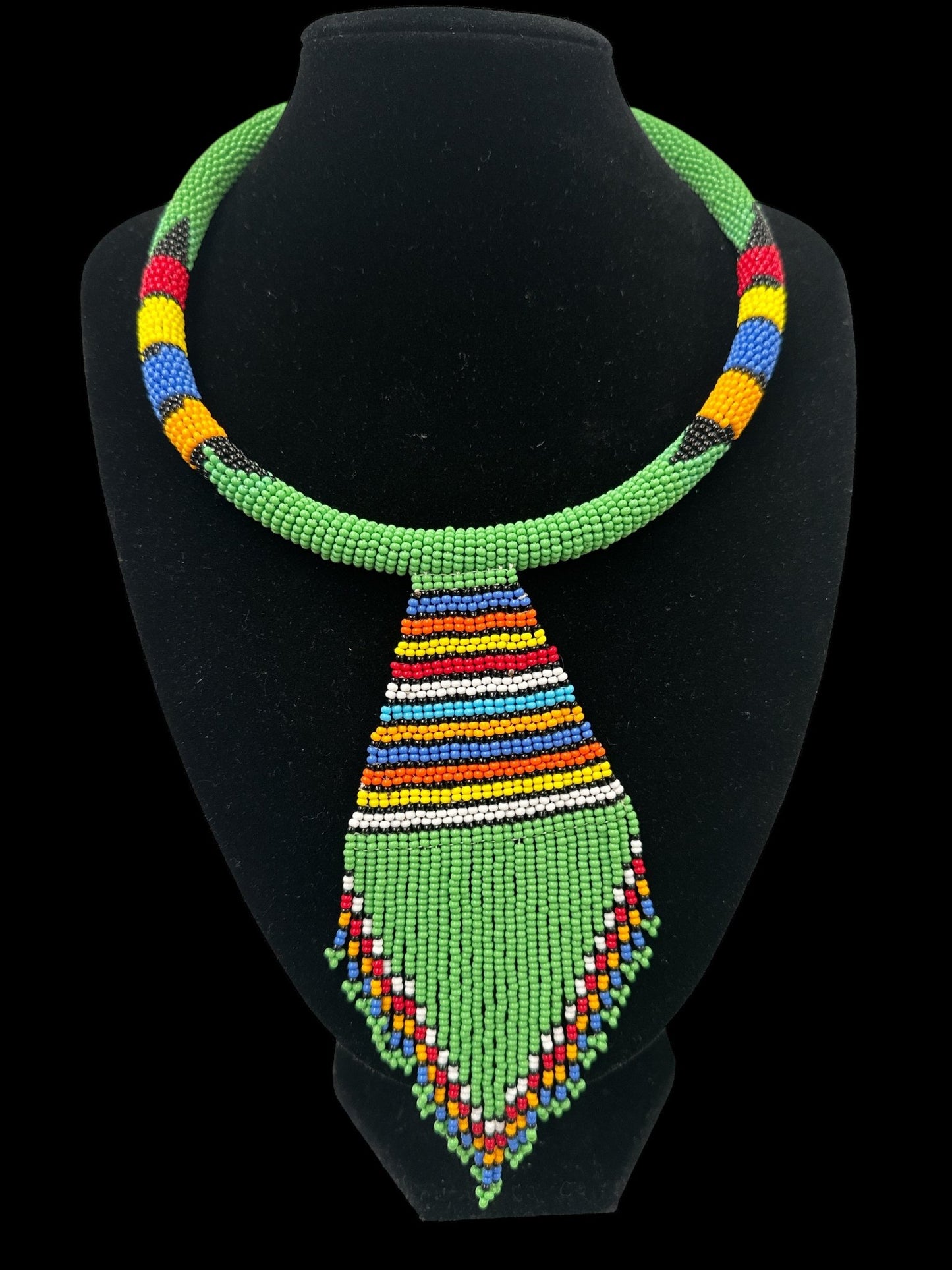 Authentic African Zulu Inspired Green Beaded Pendant Tassel Necklace - Fatisha Boutique