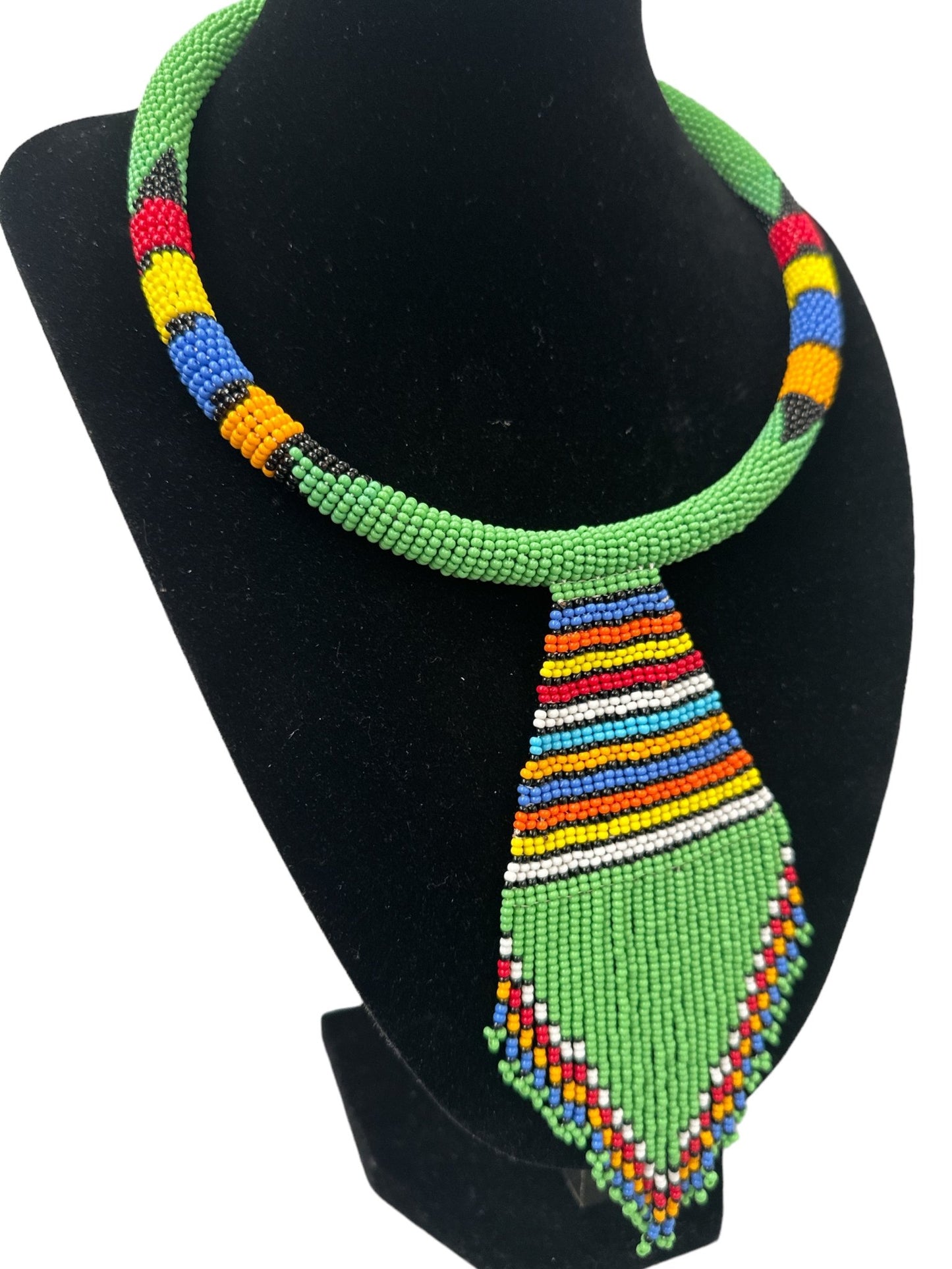 Authentic African Zulu Inspired Green Beaded Pendant Tassel Necklace - Fatisha Boutique