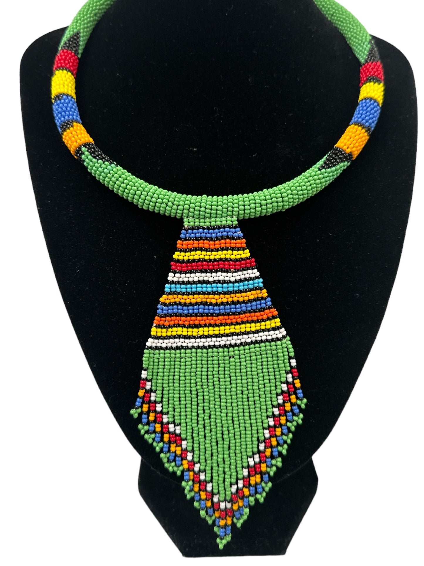 Authentic African Zulu Inspired Green Beaded Pendant Tassel Necklace - Fatisha Boutique