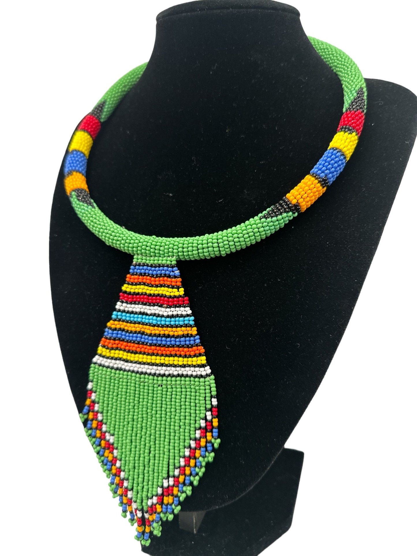 Authentic African Zulu Inspired Green Beaded Pendant Tassel Necklace - Fatisha Boutique