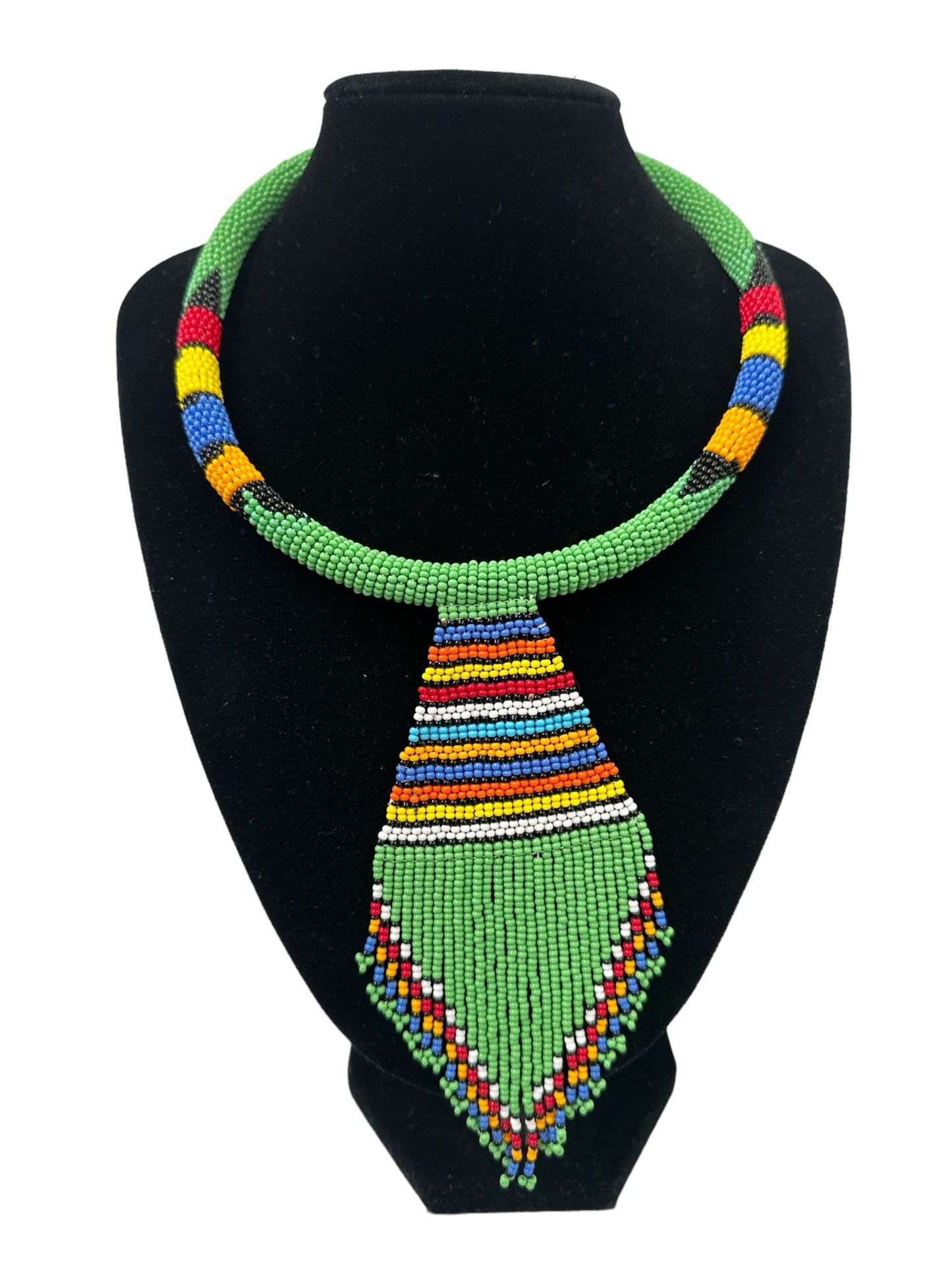 Authentic African Zulu Inspired Green Beaded Pendant Tassel Necklace - Fatisha Boutique