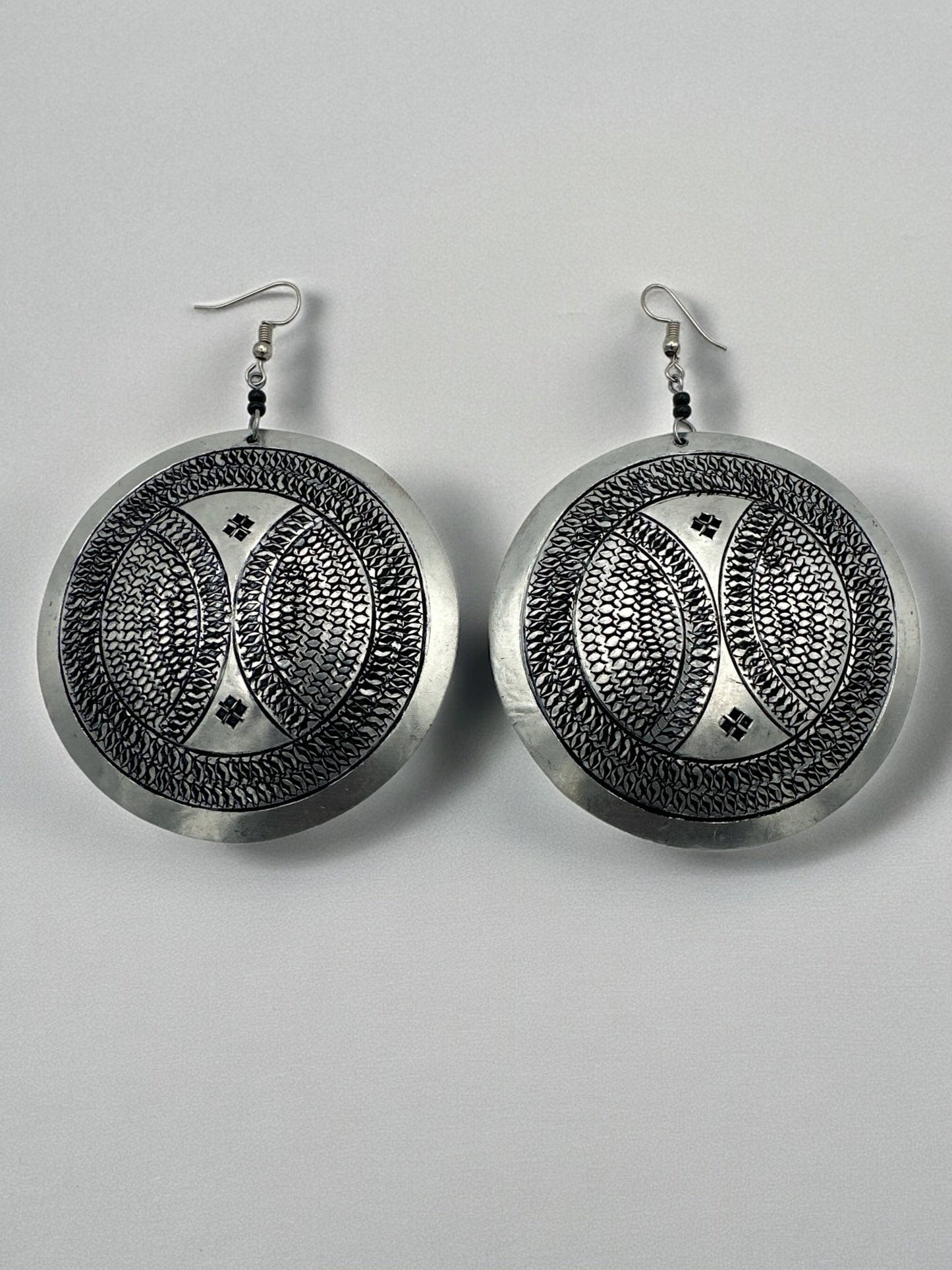 Authentic Engraved Silver Aluminium Lightweight Round Dangle Earrings - Fatisha Boutique