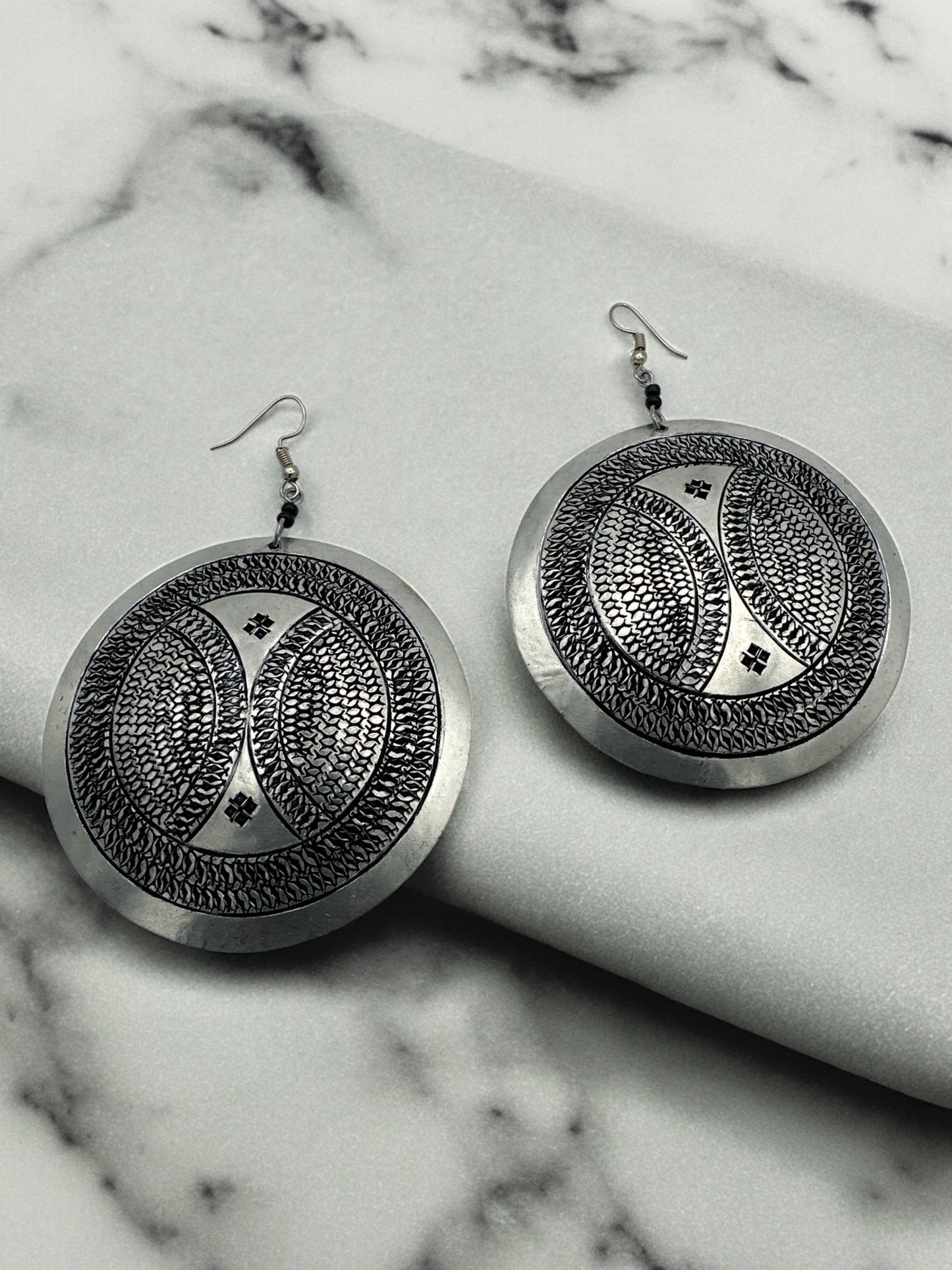 Authentic Engraved Silver Aluminium Lightweight Round Dangle Earrings - Fatisha Boutique
