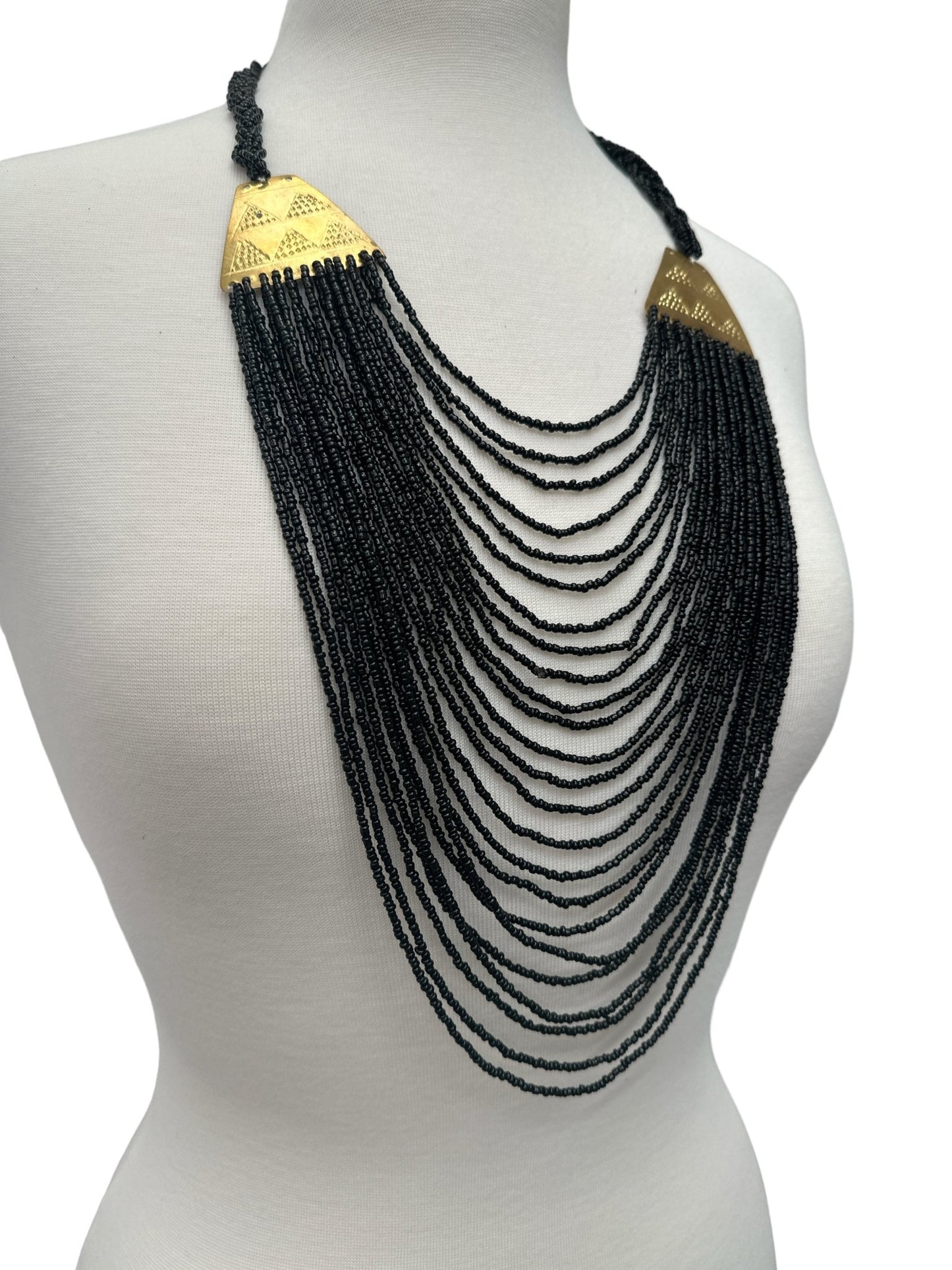 Authentic Long Black Beaded Brass Pendant Ethnic Necklace - Fatisha Boutique