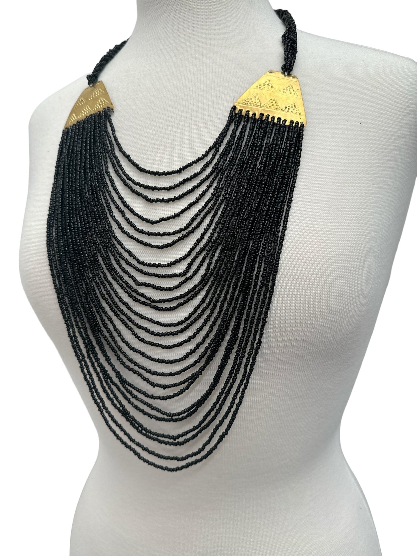 Authentic Long Black Beaded Brass Pendant Ethnic Necklace - Fatisha Boutique