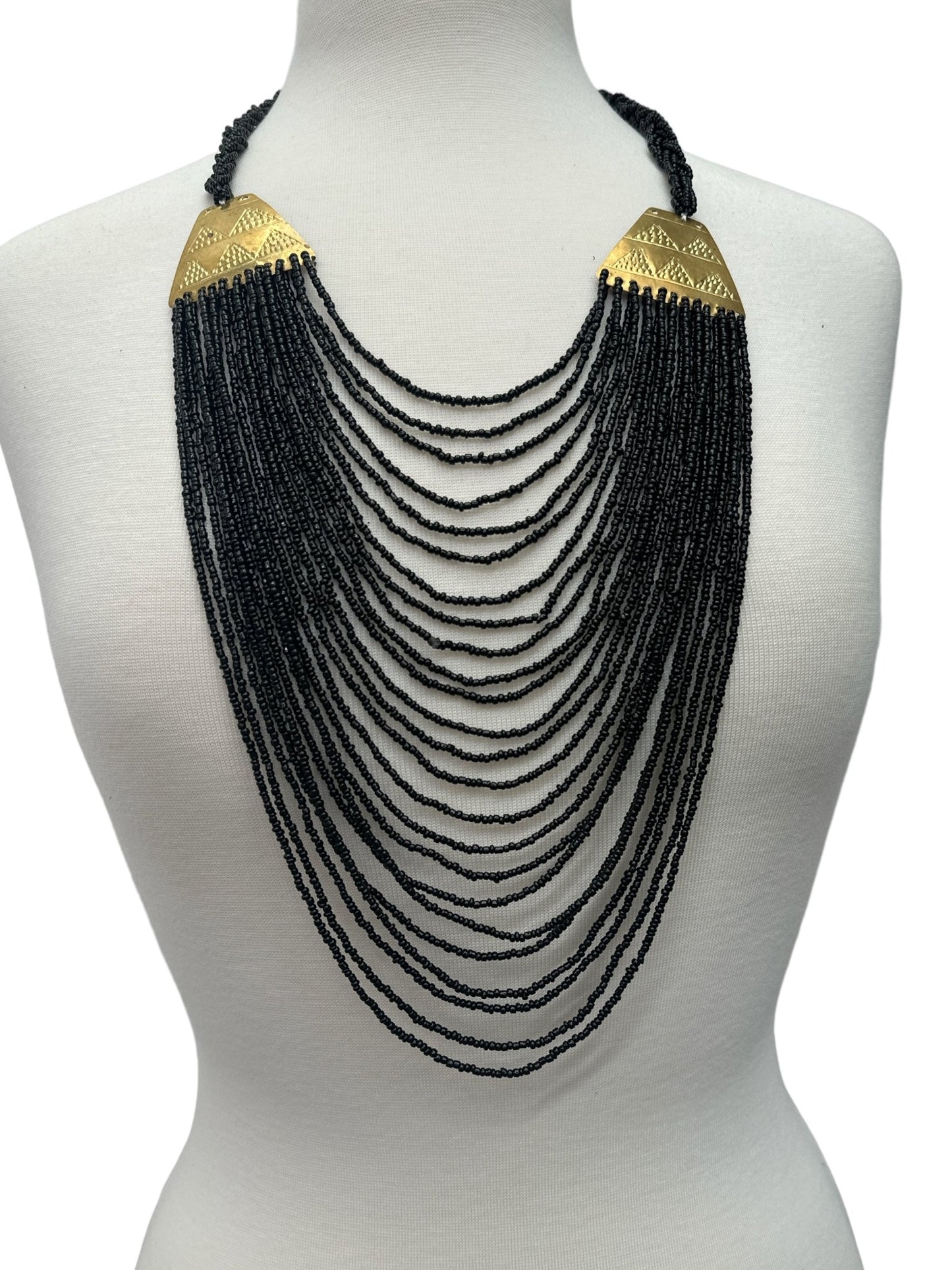 Authentic Long Black Beaded Brass Pendant Ethnic Necklace - Fatisha Boutique