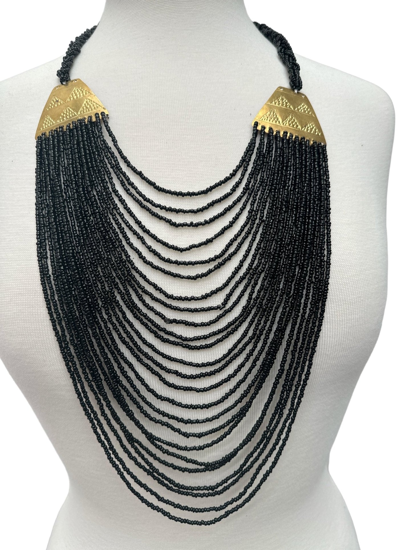 Authentic Long Black Beaded Brass Pendant Ethnic Necklace - Fatisha Boutique