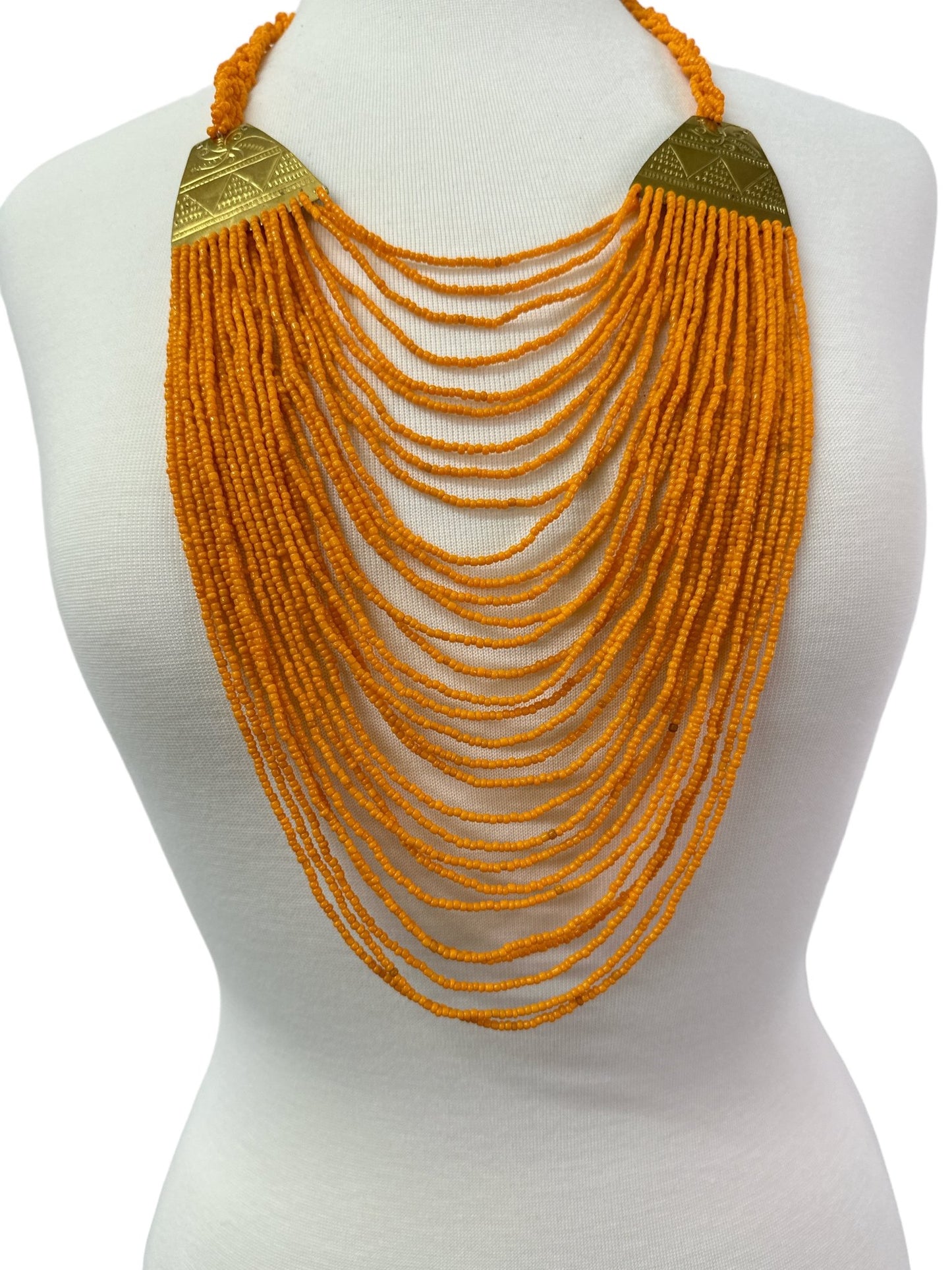 Authentic Long Orange Beaded Brass Pendant Ethnic Necklace - Fatisha Boutique