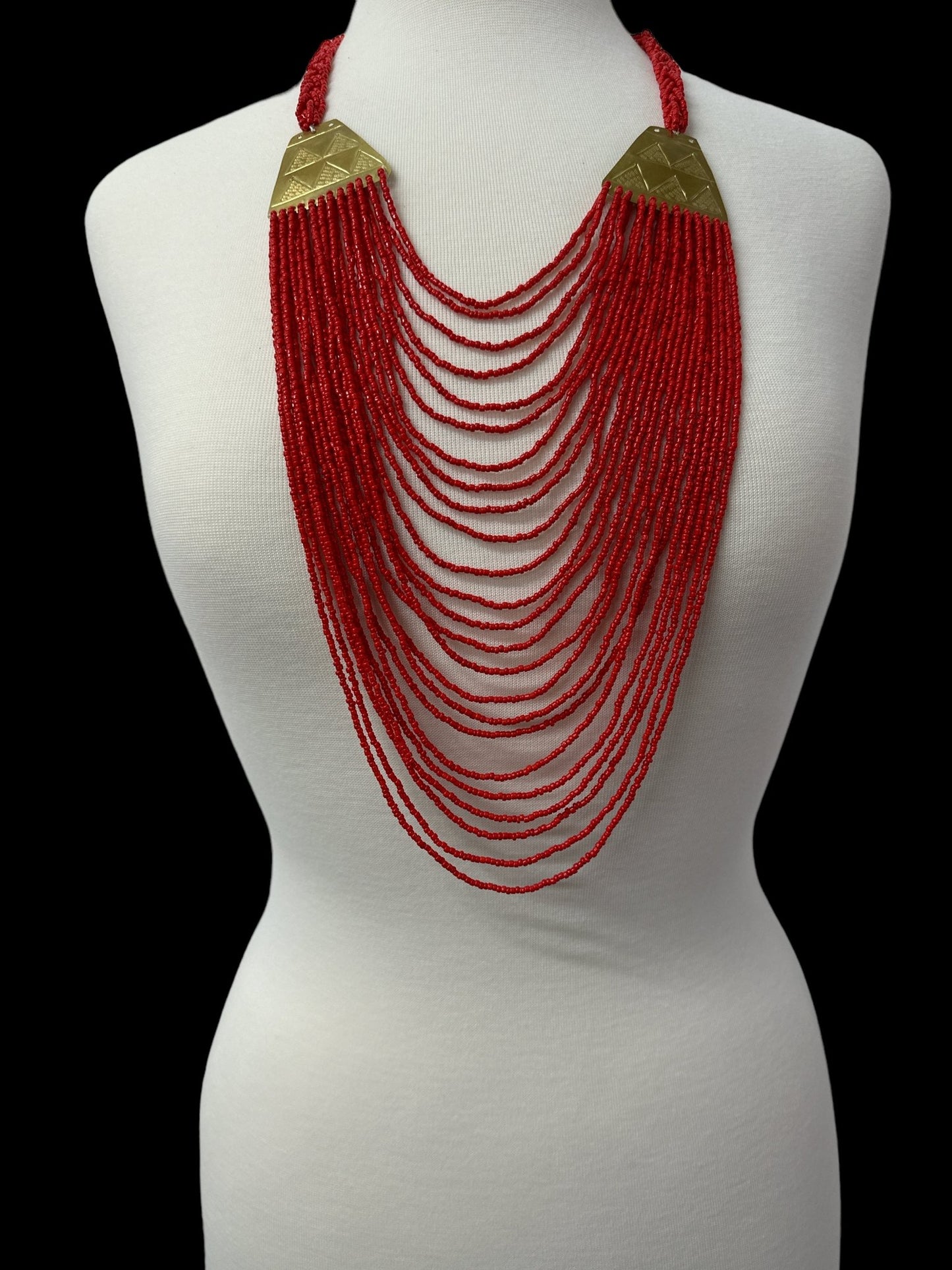 Authentic Long Red Beaded Brass Pendant Ethnic Necklace - Fatisha Boutique