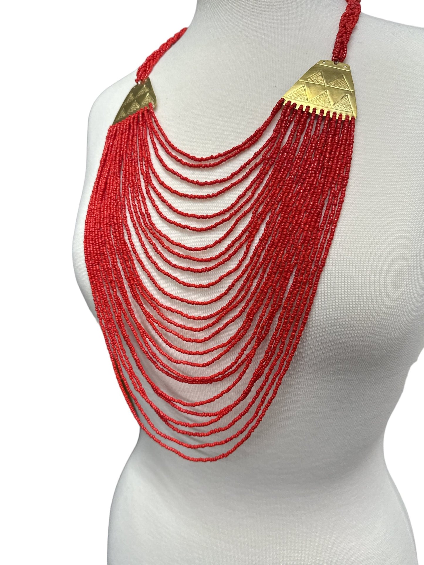 Authentic Long Red Beaded Brass Pendant Ethnic Necklace - Fatisha Boutique