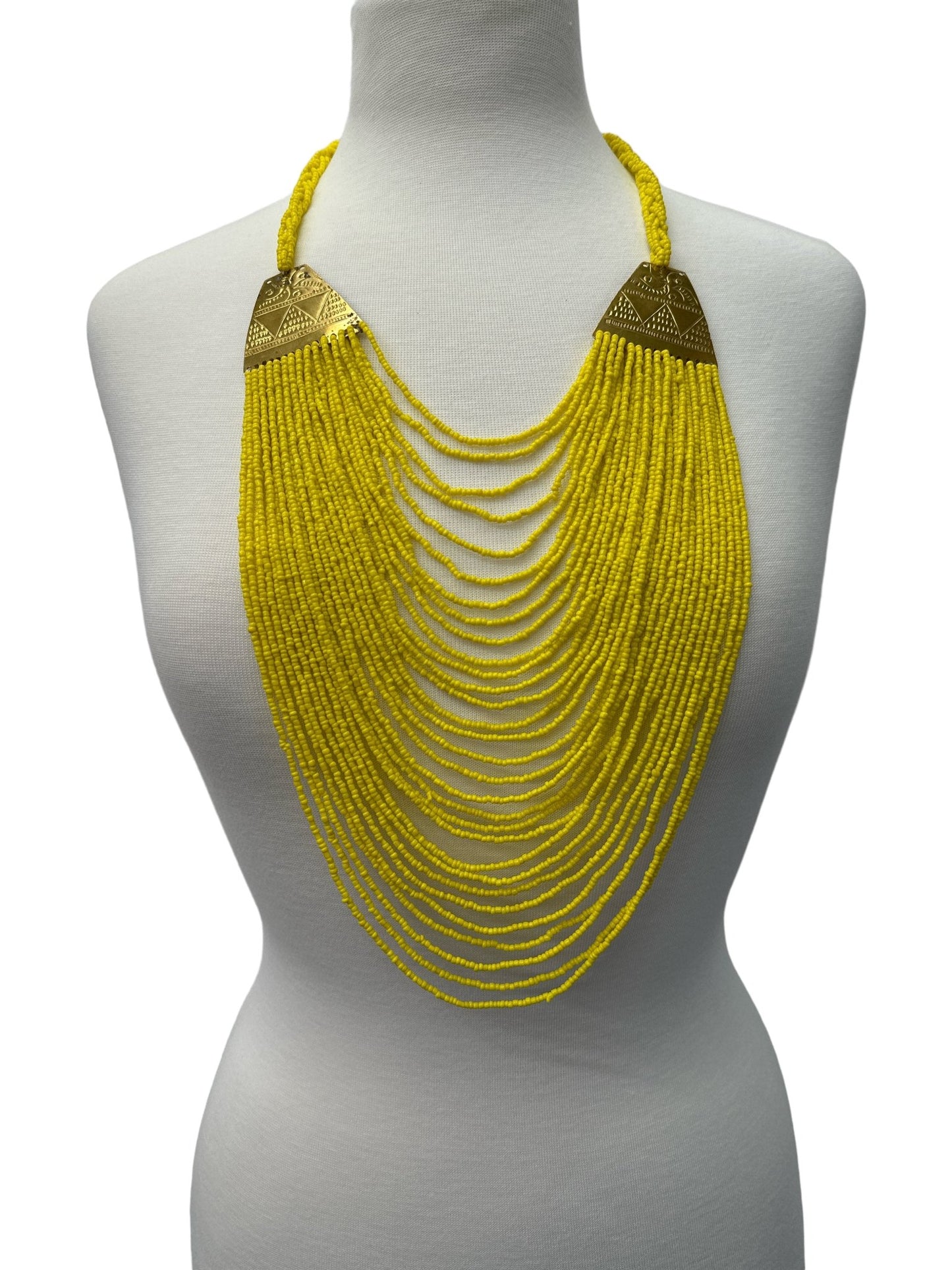 Authentic Long Yellow Beaded Brass Pendant Ethnic Necklace - Fatisha Boutique