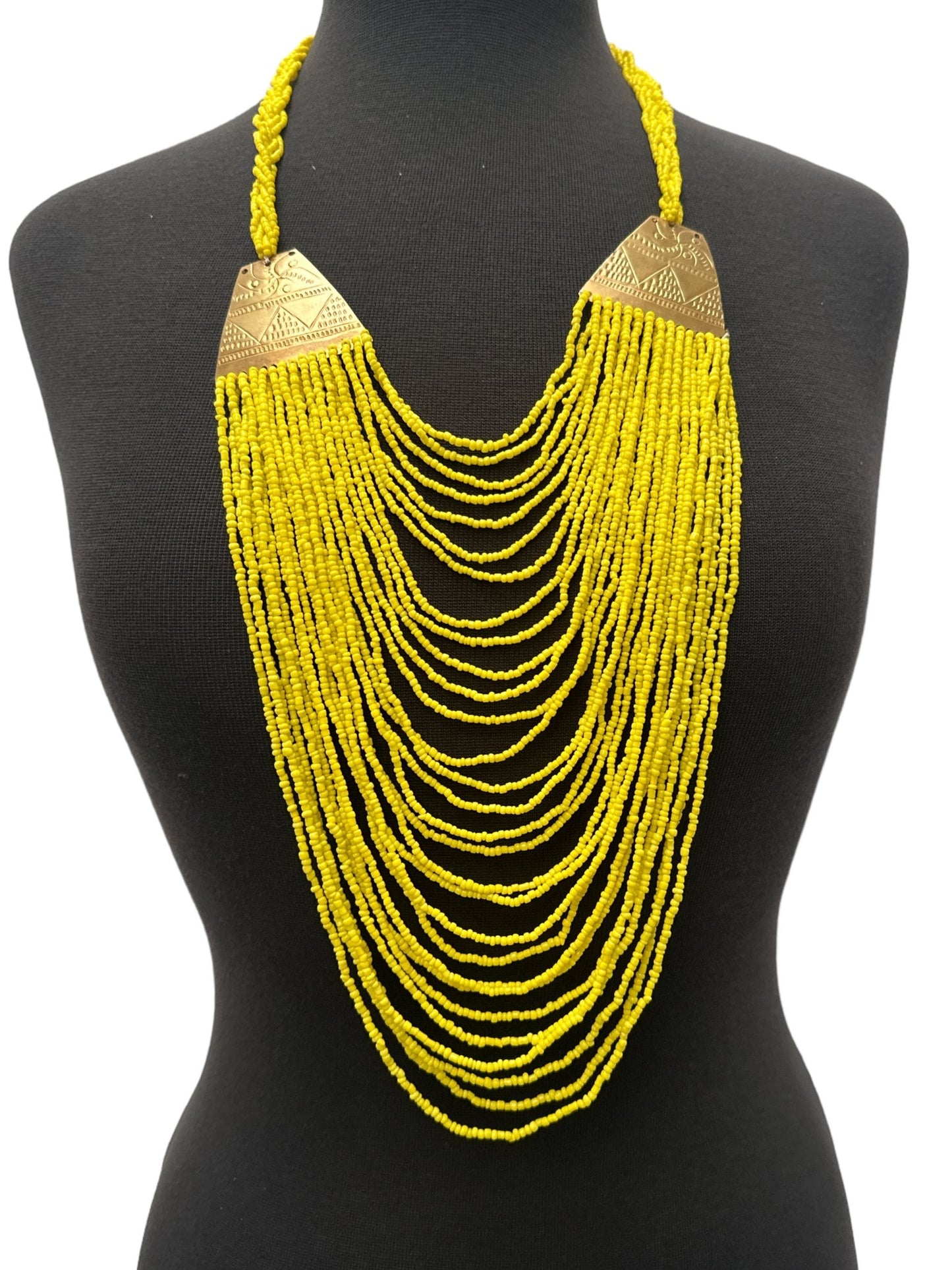 Authentic Long Yellow Beaded Brass Pendant Ethnic Necklace - Fatisha Boutique