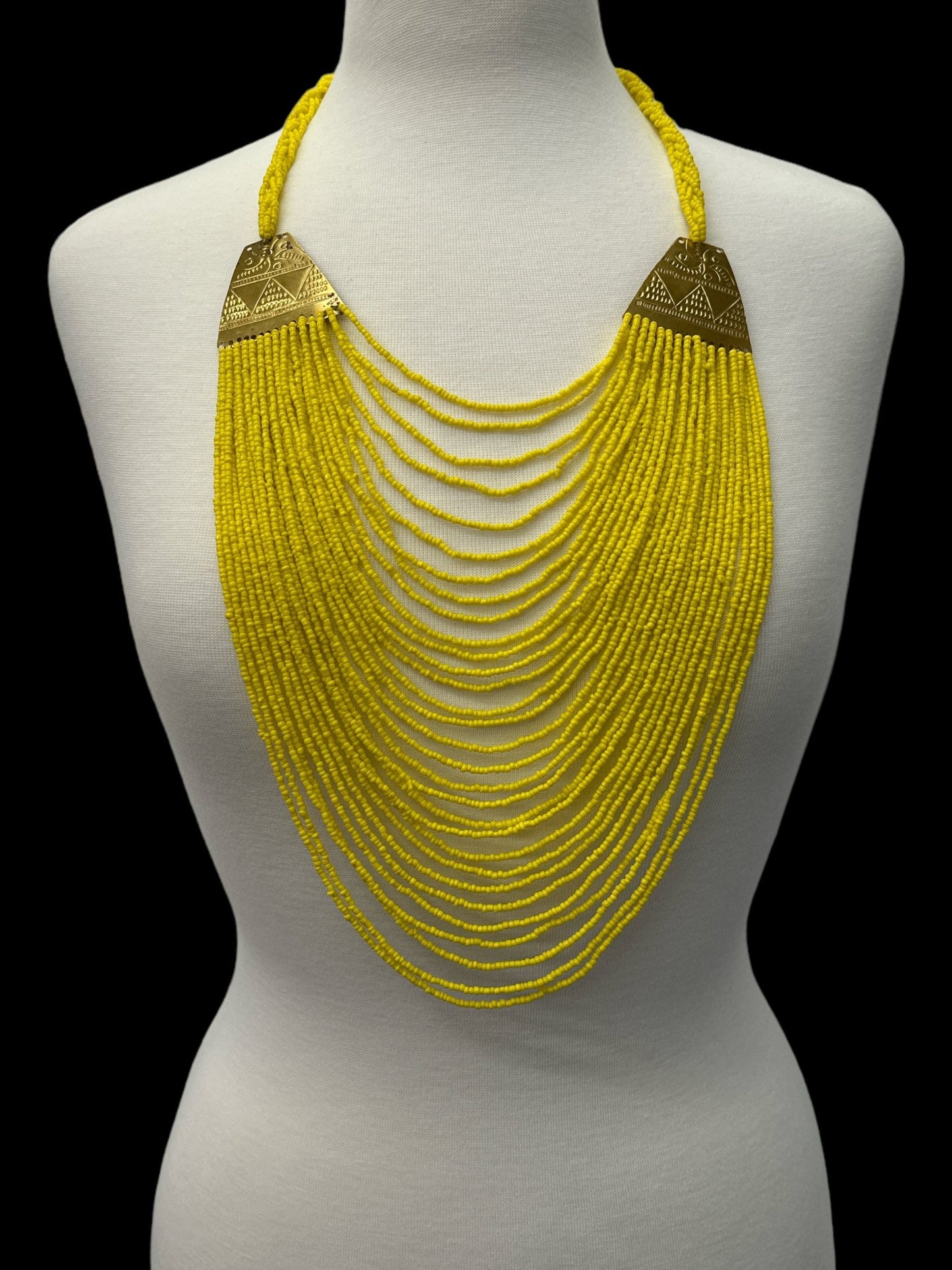 Authentic Long Yellow Beaded Brass Pendant Ethnic Necklace - Fatisha Boutique