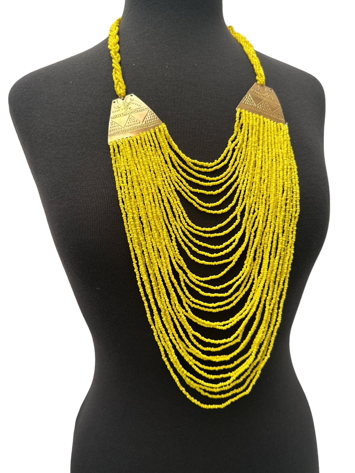 Authentic Long Yellow Beaded Brass Pendant Ethnic Necklace - Fatisha Boutique