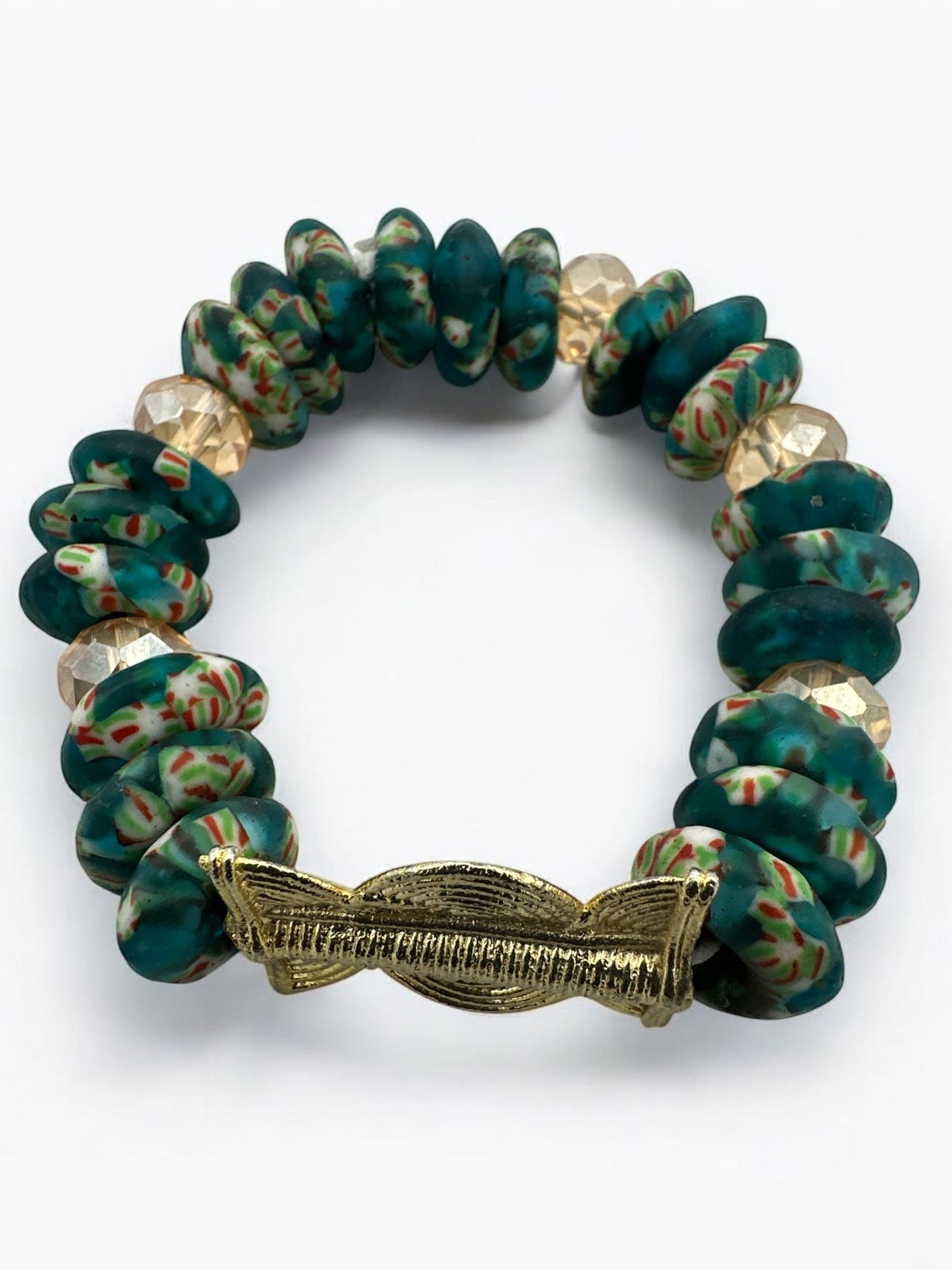 Authentic West Africa Elasticity Green Krobo Beads Brass Ethnic Bracelet - Fatisha Boutique
