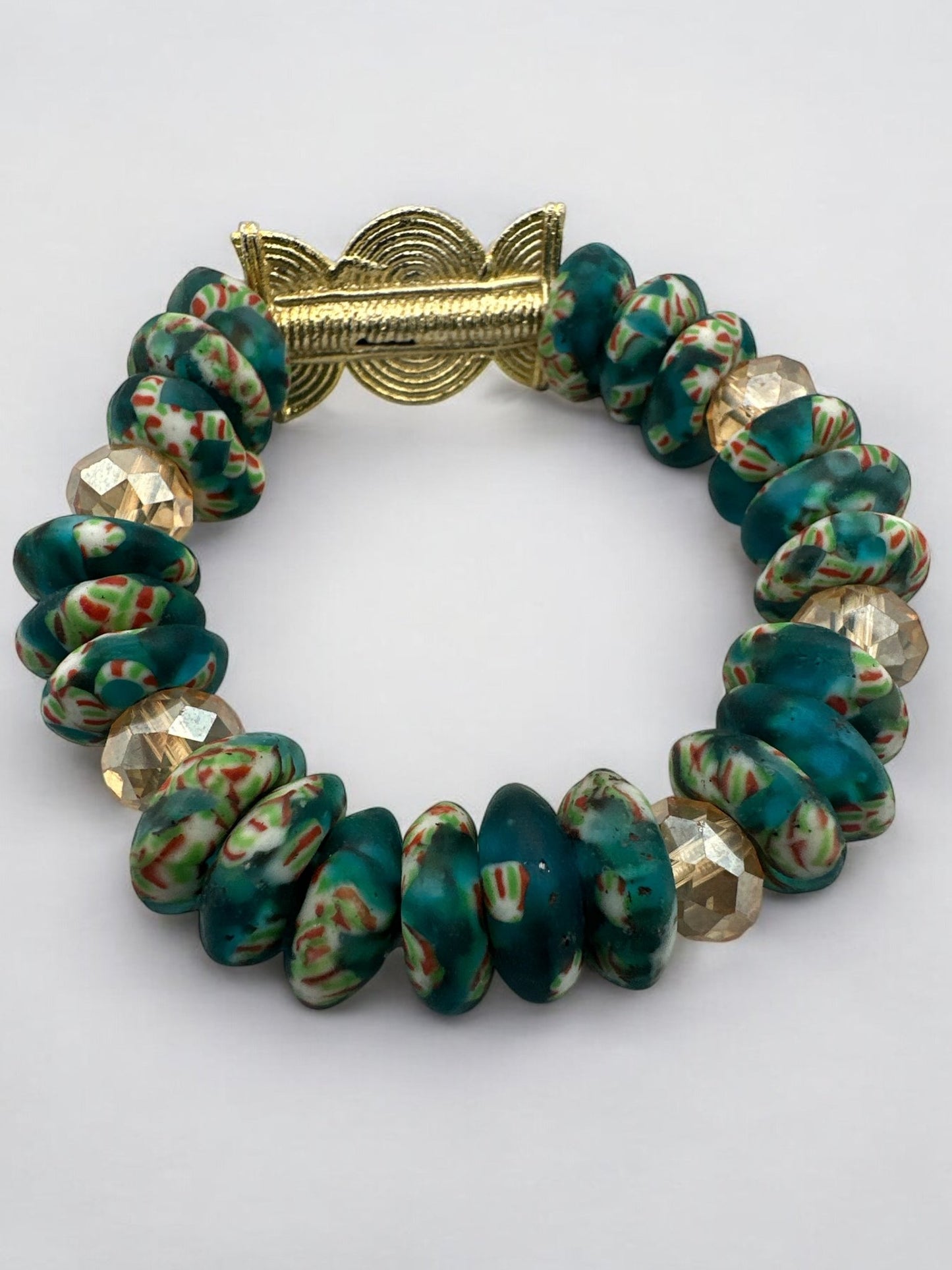 Authentic West Africa Elasticity Green Krobo Beads Brass Ethnic Bracelet - Fatisha Boutique