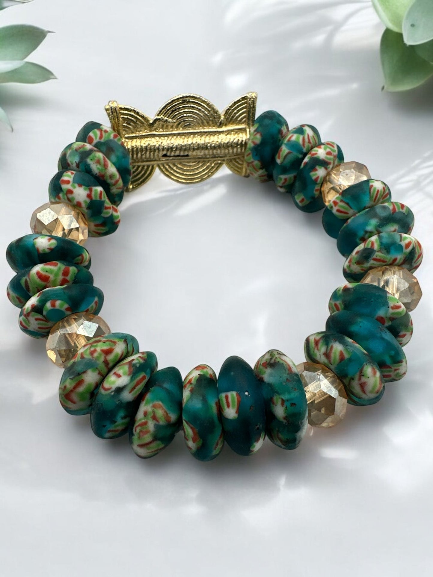 Authentic West Africa Elasticity Green Krobo Beads Brass Ethnic Bracelet - Fatisha Boutique