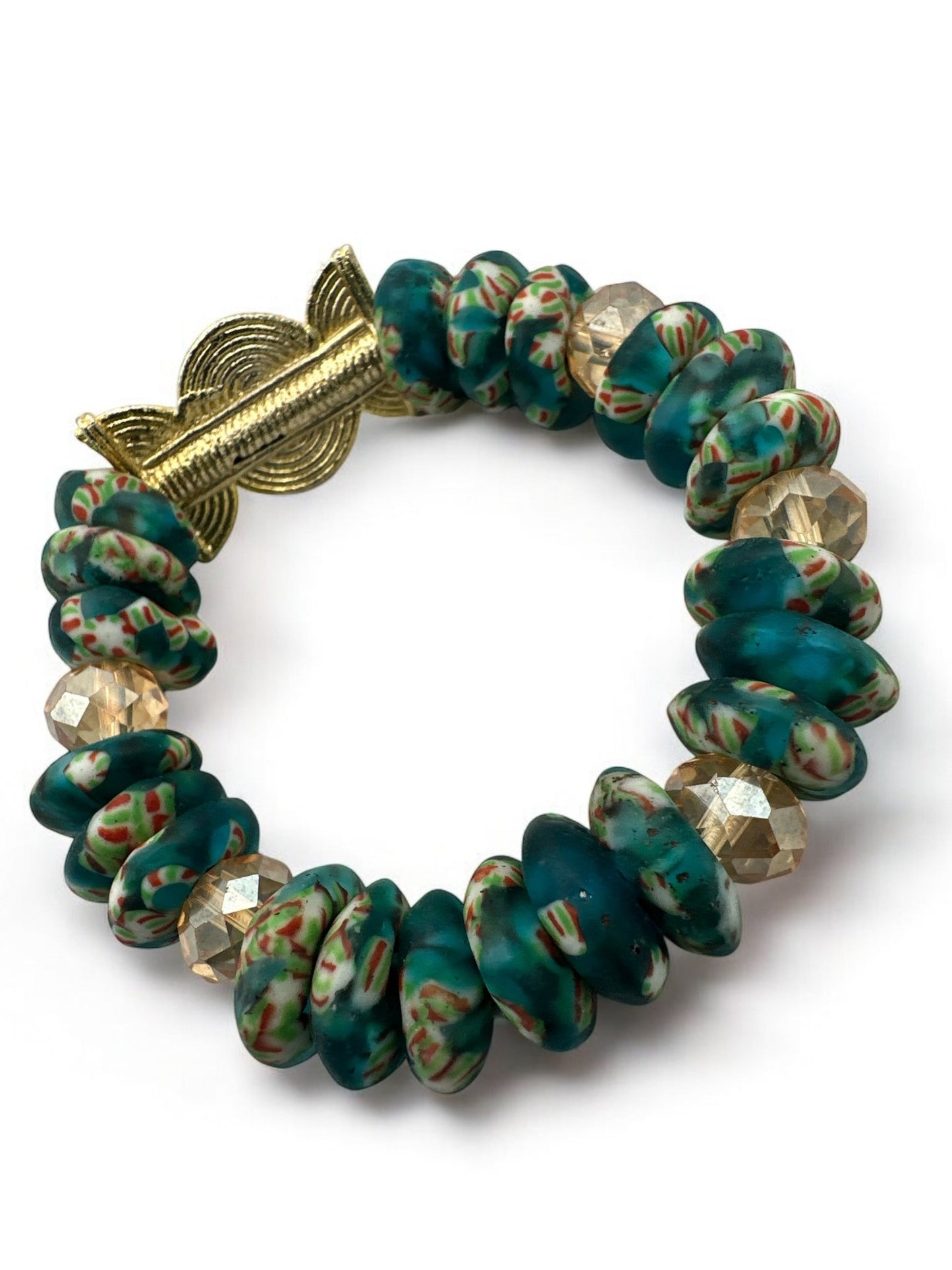 Authentic West Africa Elasticity Green Krobo Beads Brass Ethnic Bracelet - Fatisha Boutique