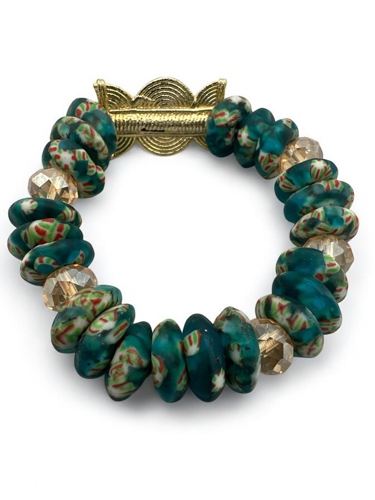 Authentic West Africa Elasticity Green Krobo Beads Brass Ethnic Bracelet - Fatisha Boutique